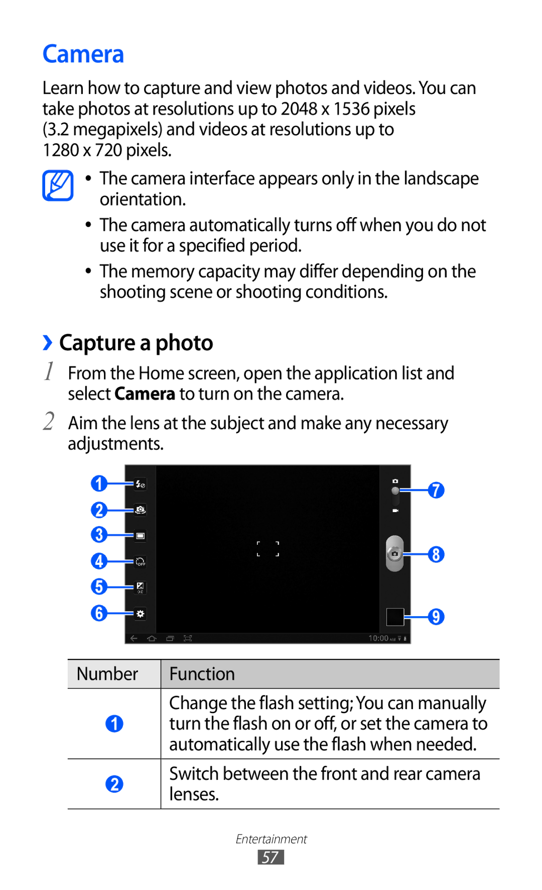 Samsung GT-P7500 user manual Camera, ››Capture a photo, Switch between the front and rear camera lenses 