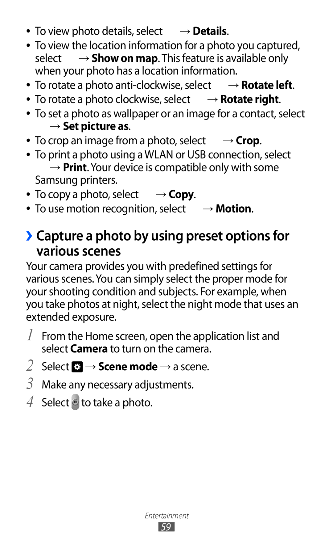 Samsung GT-P7500 ››Capture a photo by using preset options for various scenes, To view photo details, select → Details 