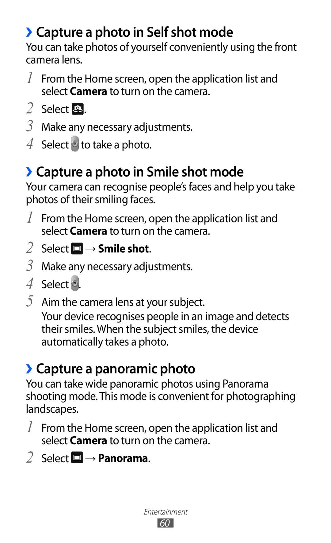 Samsung GT-P7500 ››Capture a photo in Self shot mode, ››Capture a photo in Smile shot mode, ››Capture a panoramic photo 