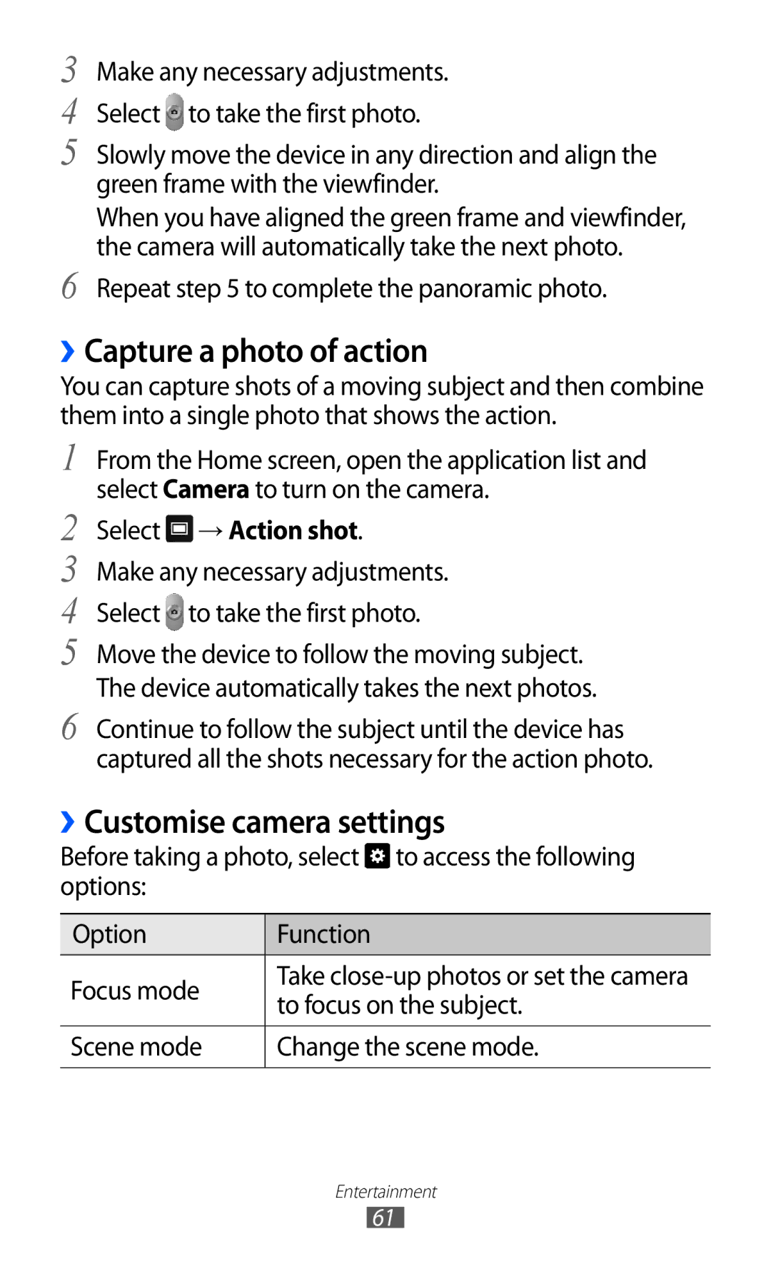 Samsung GT-P7500 user manual ››Capture a photo of action, ››Customise camera settings, Select → Action shot 