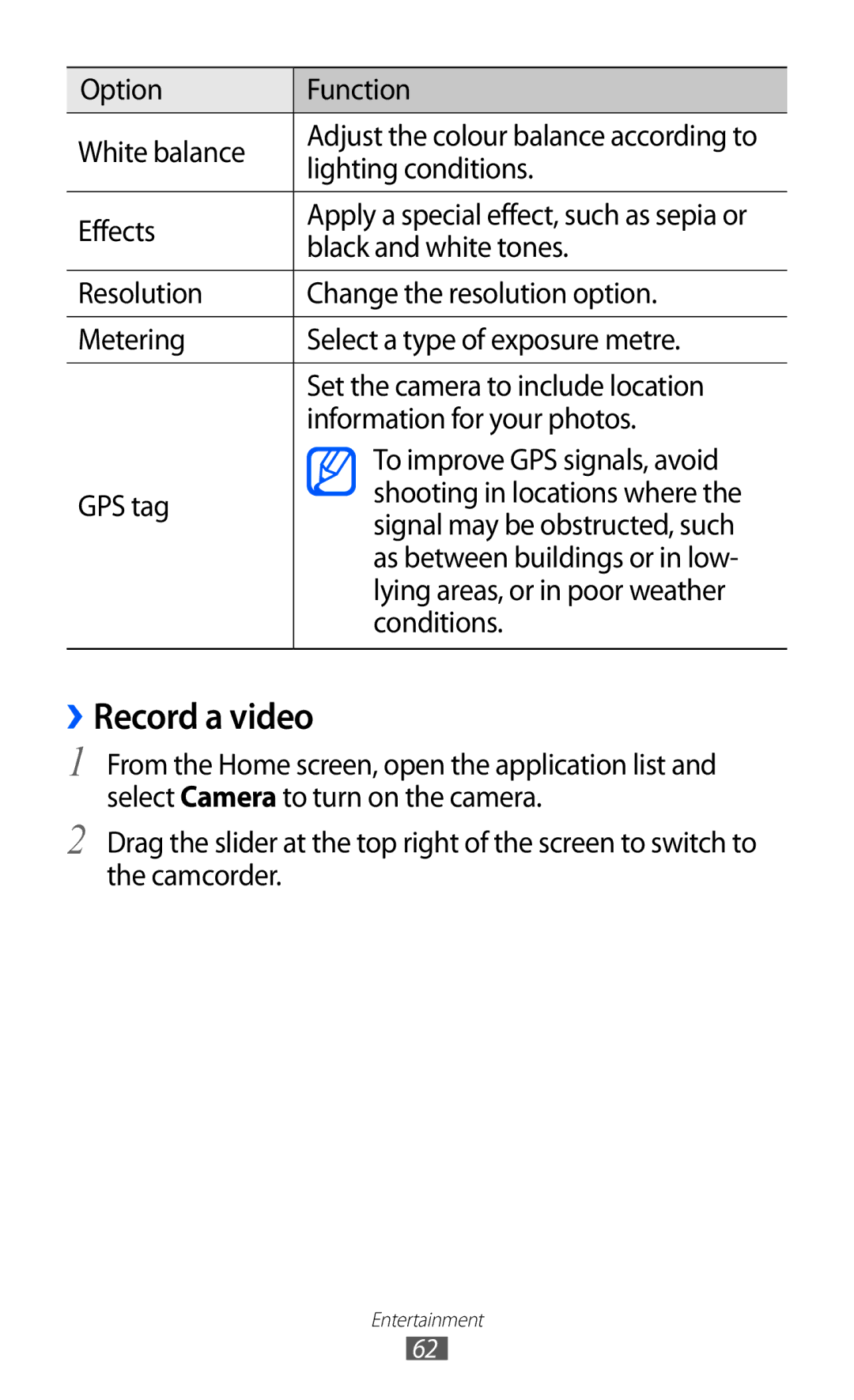 Samsung GT-P7500 ››Record a video, Option Function White balance, Lighting conditions, Effects, Black and white tones 