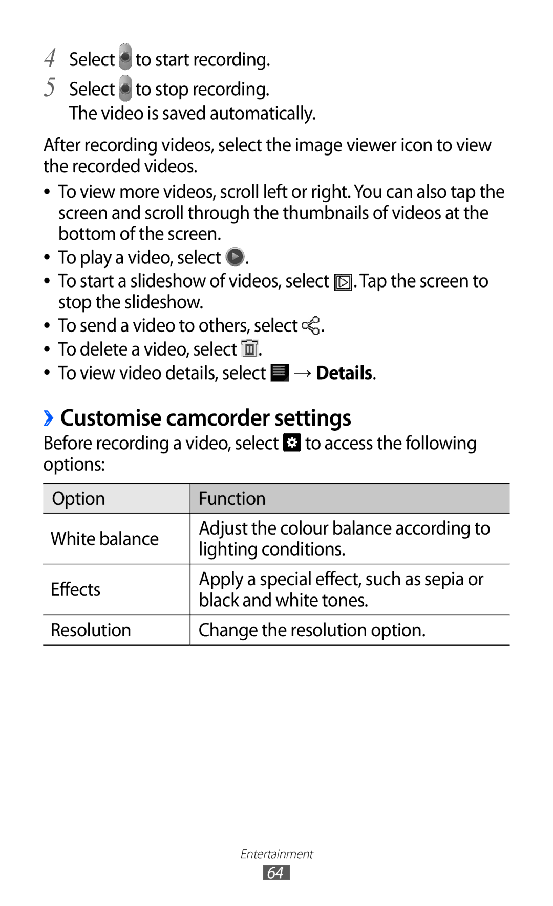 Samsung GT-P7500 user manual ››Customise camcorder settings, Resolution Change the resolution option 