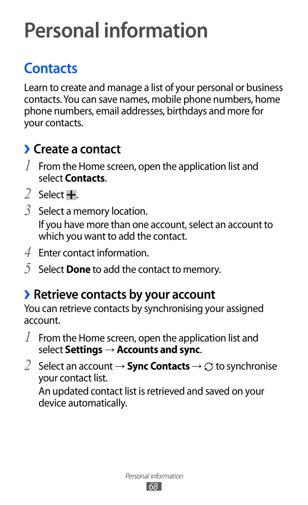 Samsung GT-P7500 user manual Personal information, Contacts, ››Create a contact, ››Retrieve contacts by your account 