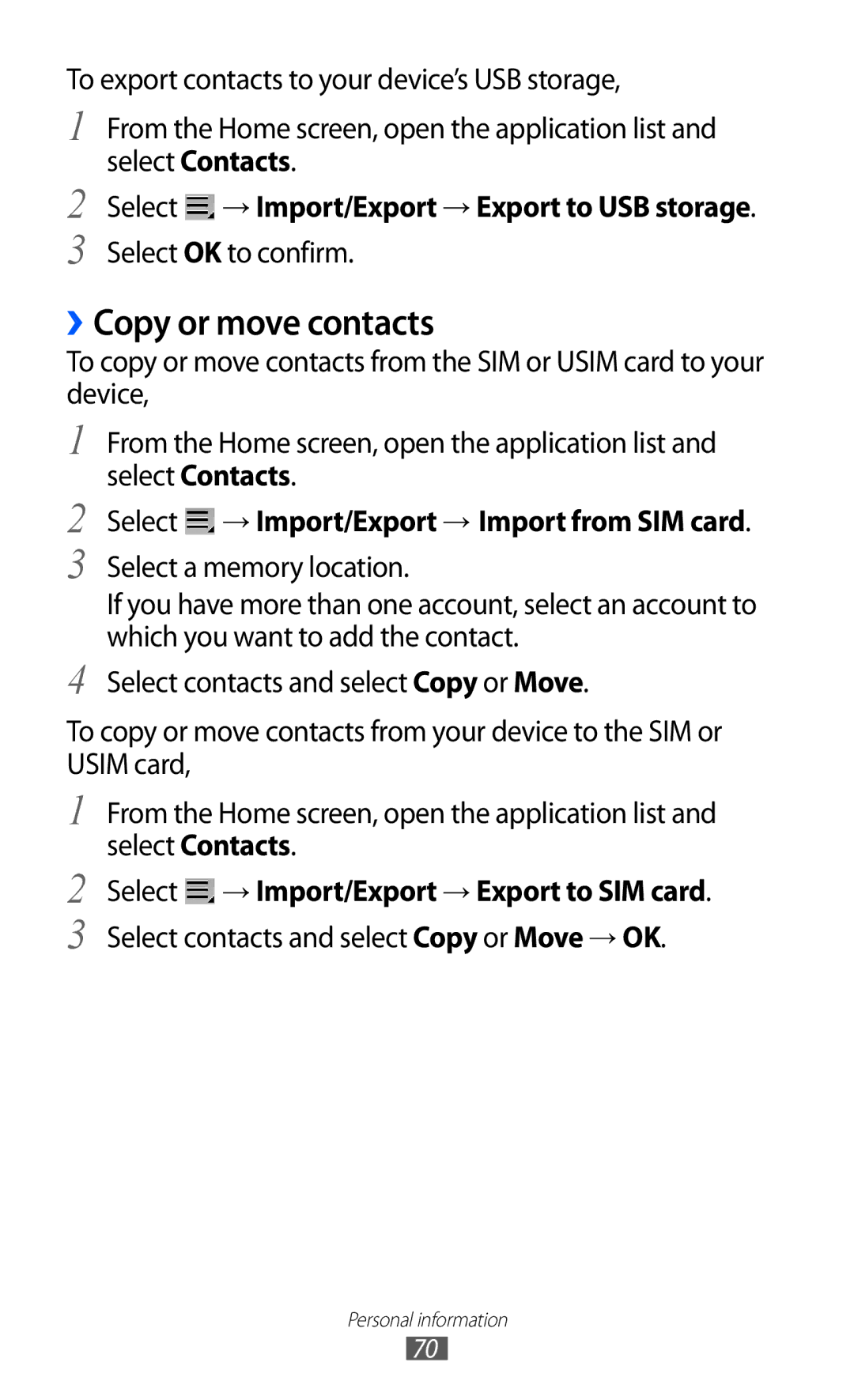 Samsung GT-P7500 user manual ››Copy or move contacts, Select → Import/Export → Export to USB storage 