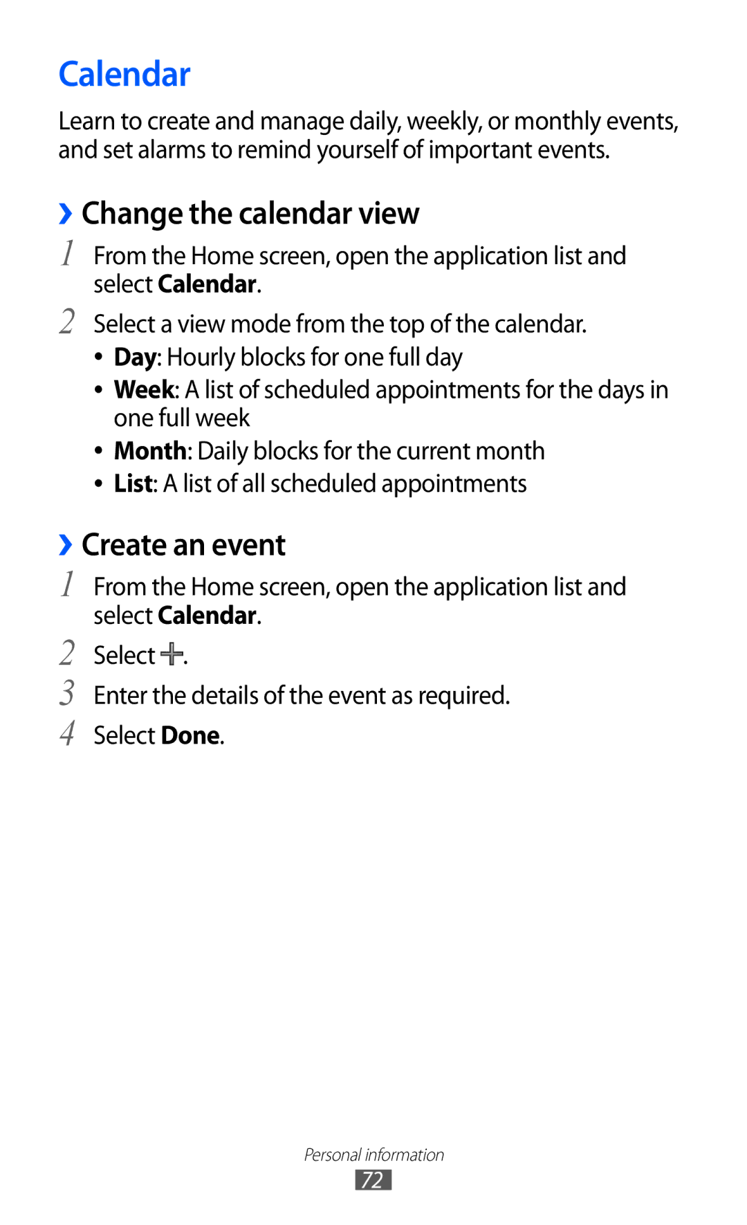 Samsung GT-P7500 user manual Calendar, ››Change the calendar view, ››Create an event 