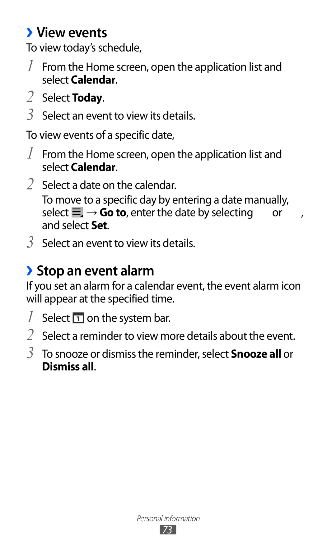 Samsung GT-P7500 user manual ››View events, ››Stop an event alarm, Dismiss all 