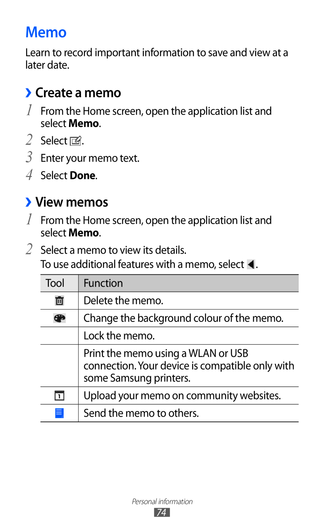 Samsung GT-P7500 user manual Memo, ››Create a memo, ››View memos 