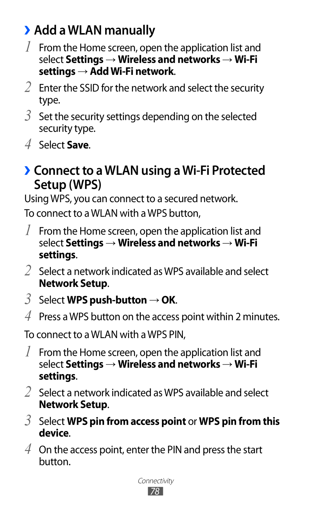 Samsung GT-P7500 user manual ››Add a Wlan manually, Setup WPS, Network Setup Select WPS push-button → OK 