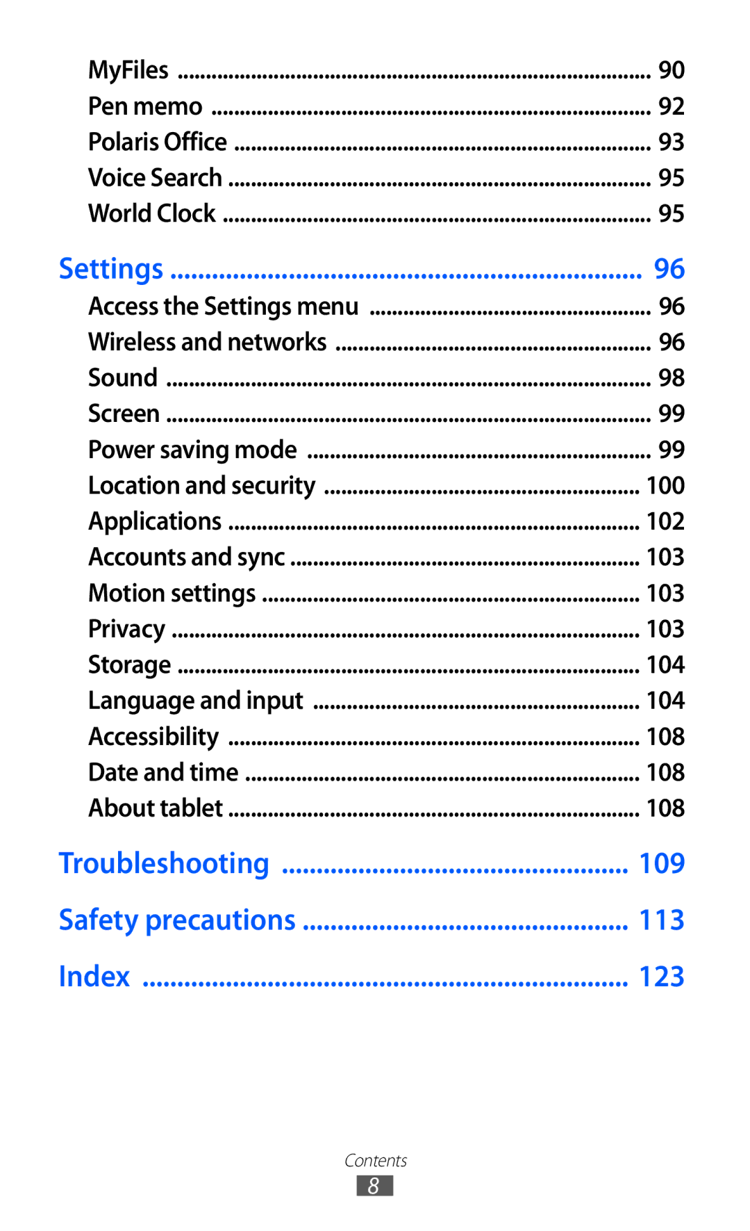 Samsung GT-P7500 user manual 100, 102, 103, 104, 108 