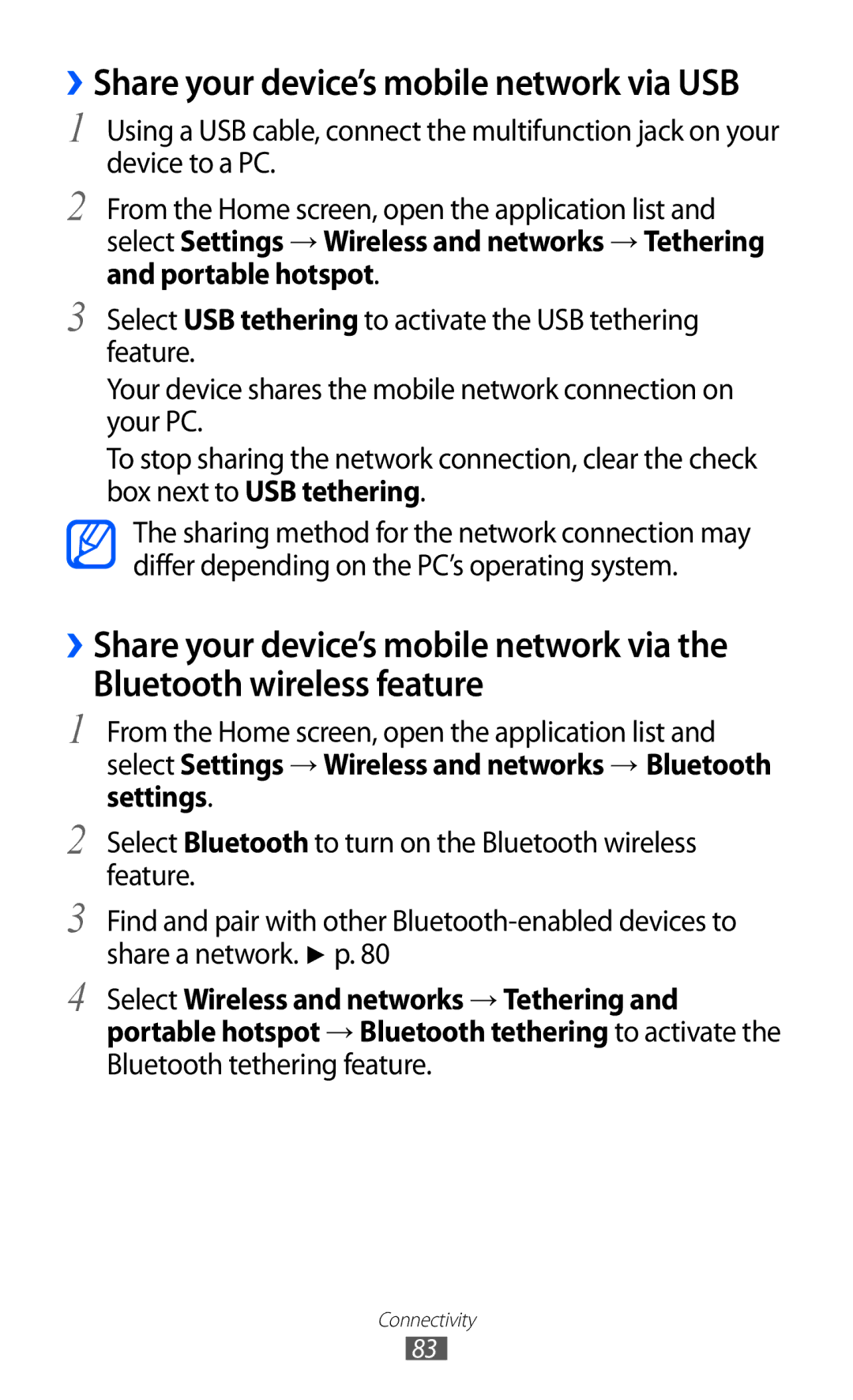 Samsung GT-P7500 user manual Bluetooth wireless feature, ››Share your device’s mobile network via USB 