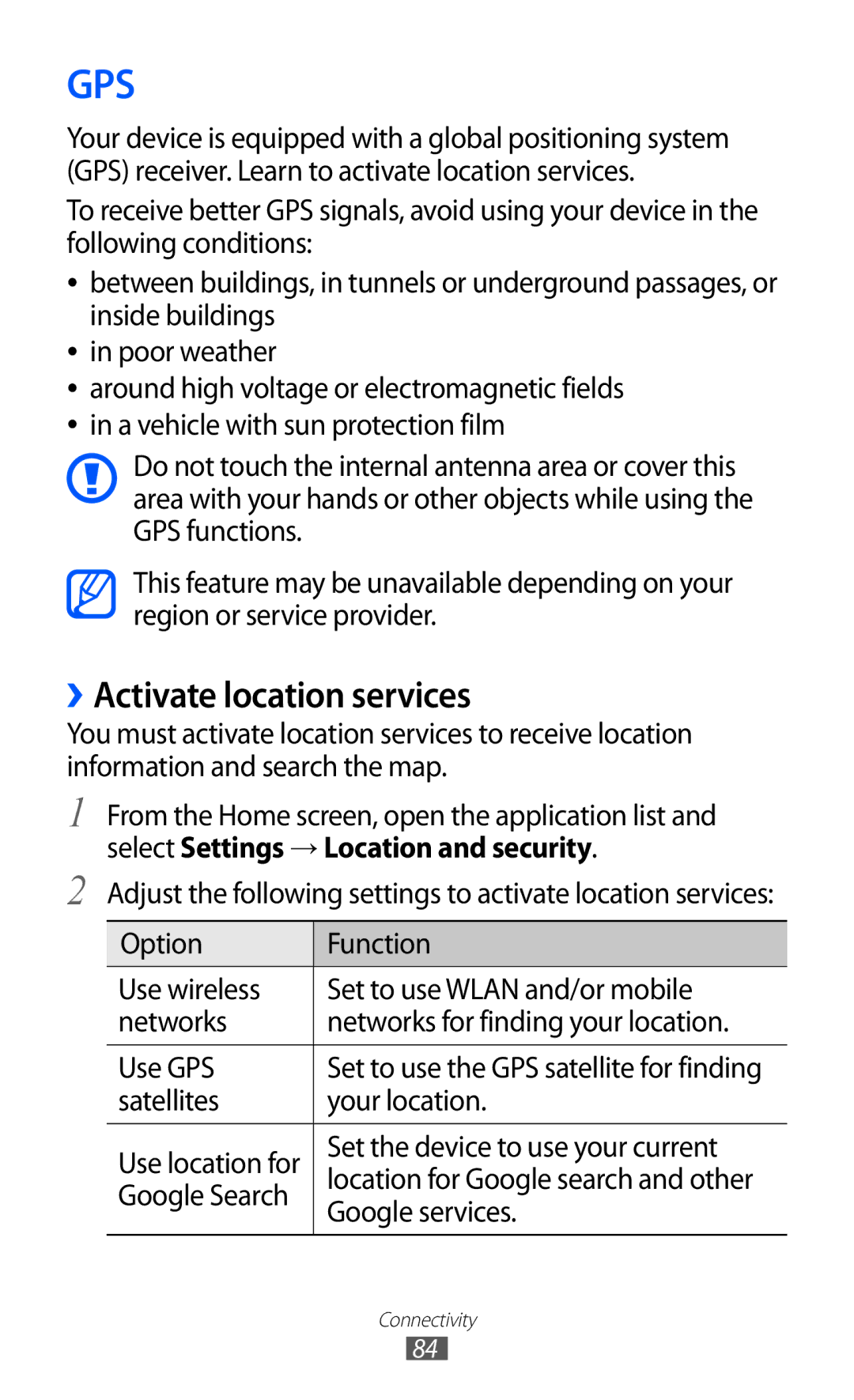 Samsung GT-P7500 ››Activate location services, Satellites Your location, Set the device to use your current, Google Search 