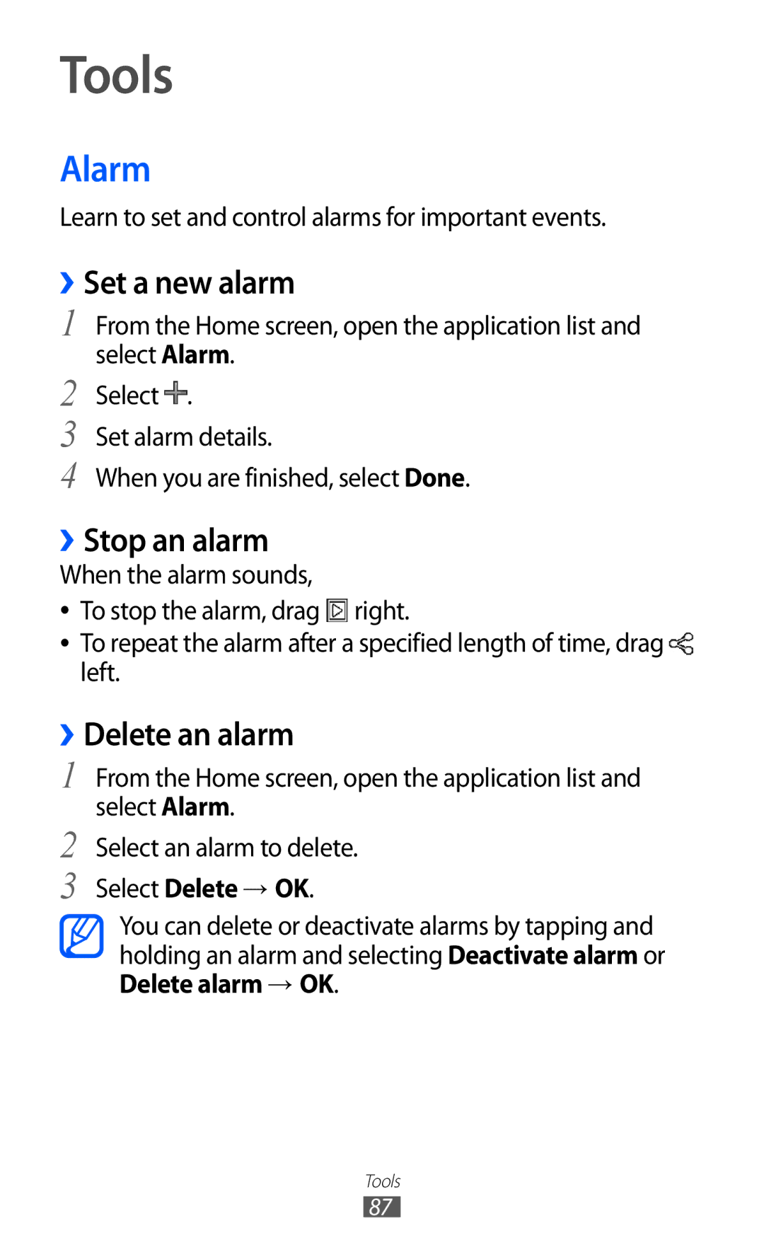 Samsung GT-P7500 user manual Tools, Alarm, ››Set a new alarm, ››Stop an alarm, ››Delete an alarm 