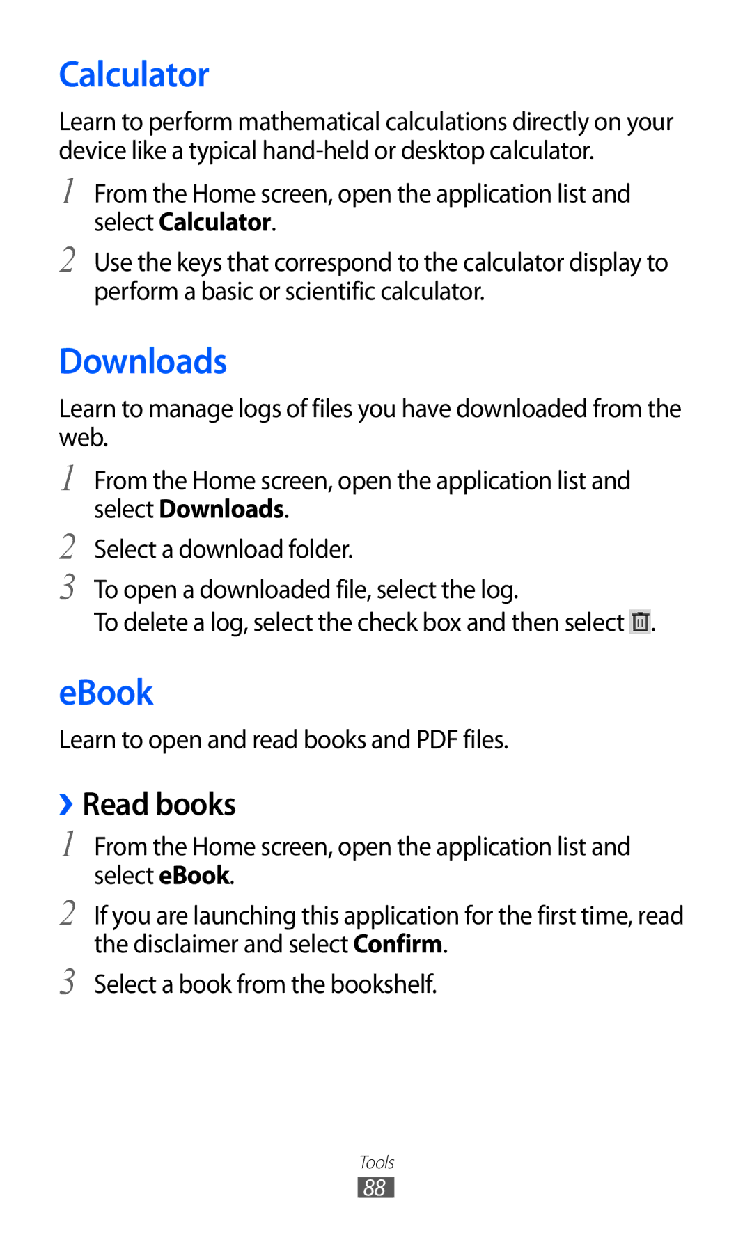 Samsung GT-P7500 user manual Calculator, Downloads, EBook, ››Read books 