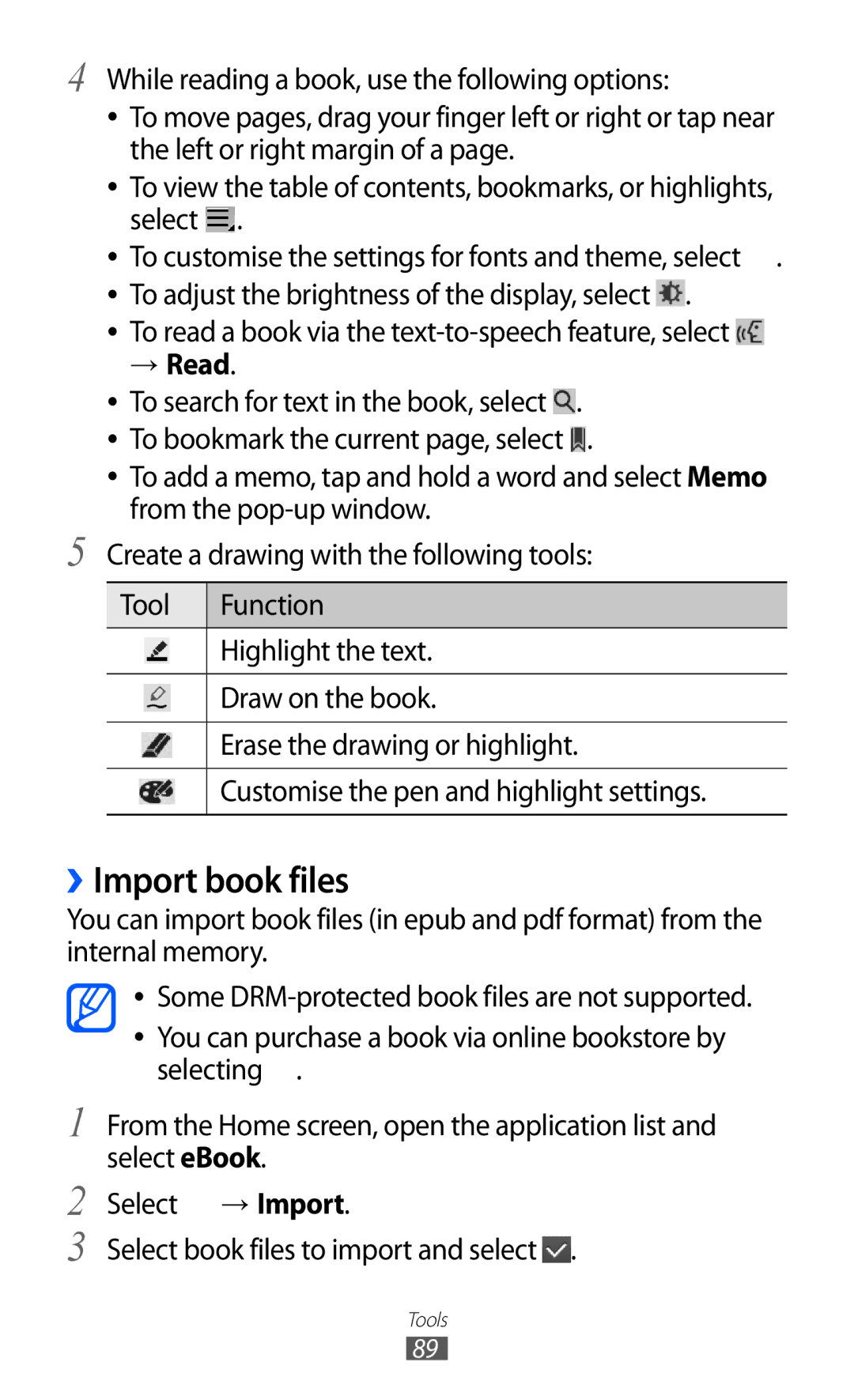 Samsung GT-P7500 user manual ››Import book files, To read a book via the text-to-speech feature, select, → Read 