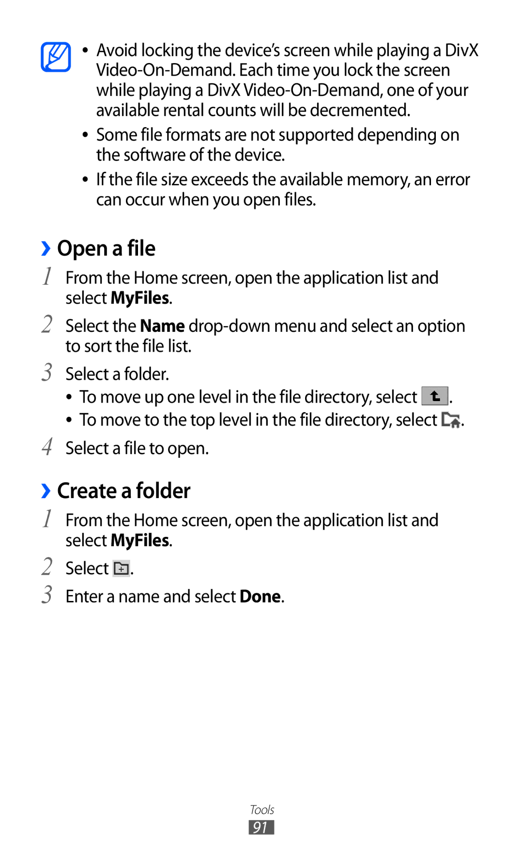 Samsung GT-P7500 user manual ››Open a file, ››Create a folder 