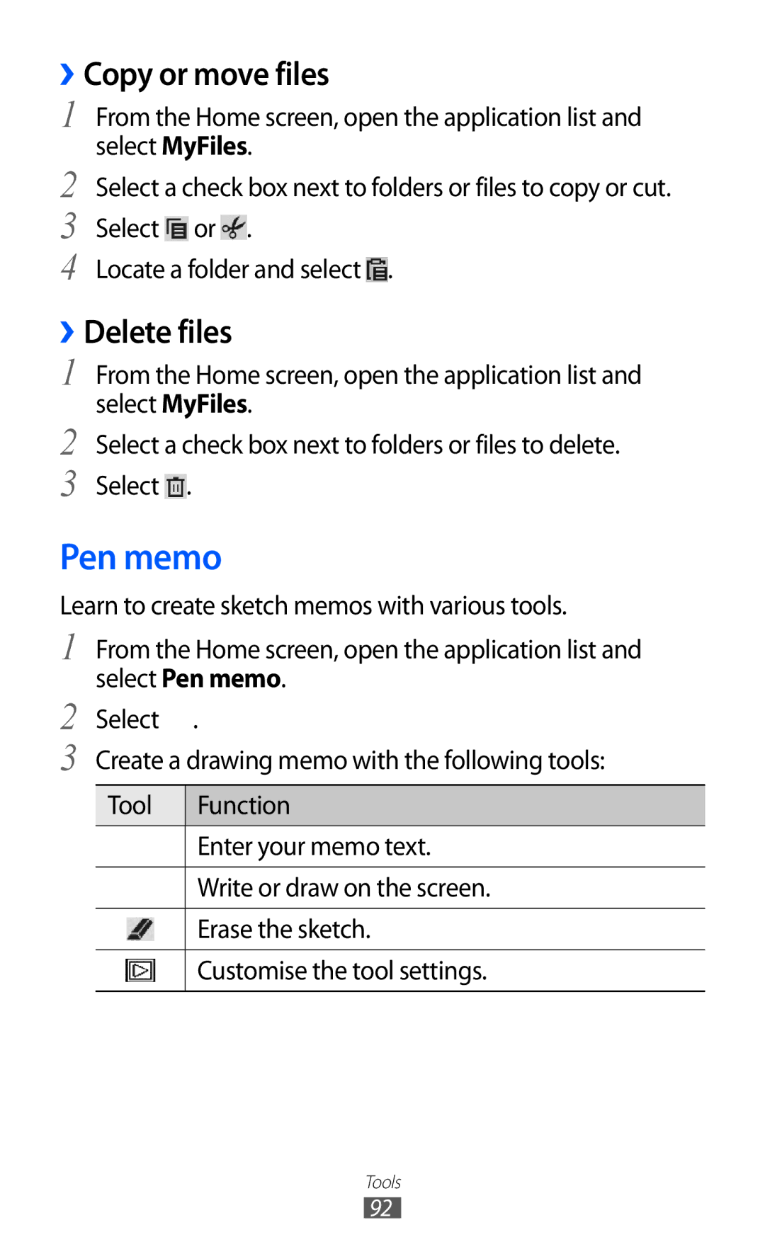 Samsung GT-P7500 user manual Pen memo, Copy or move files, ››Delete files 