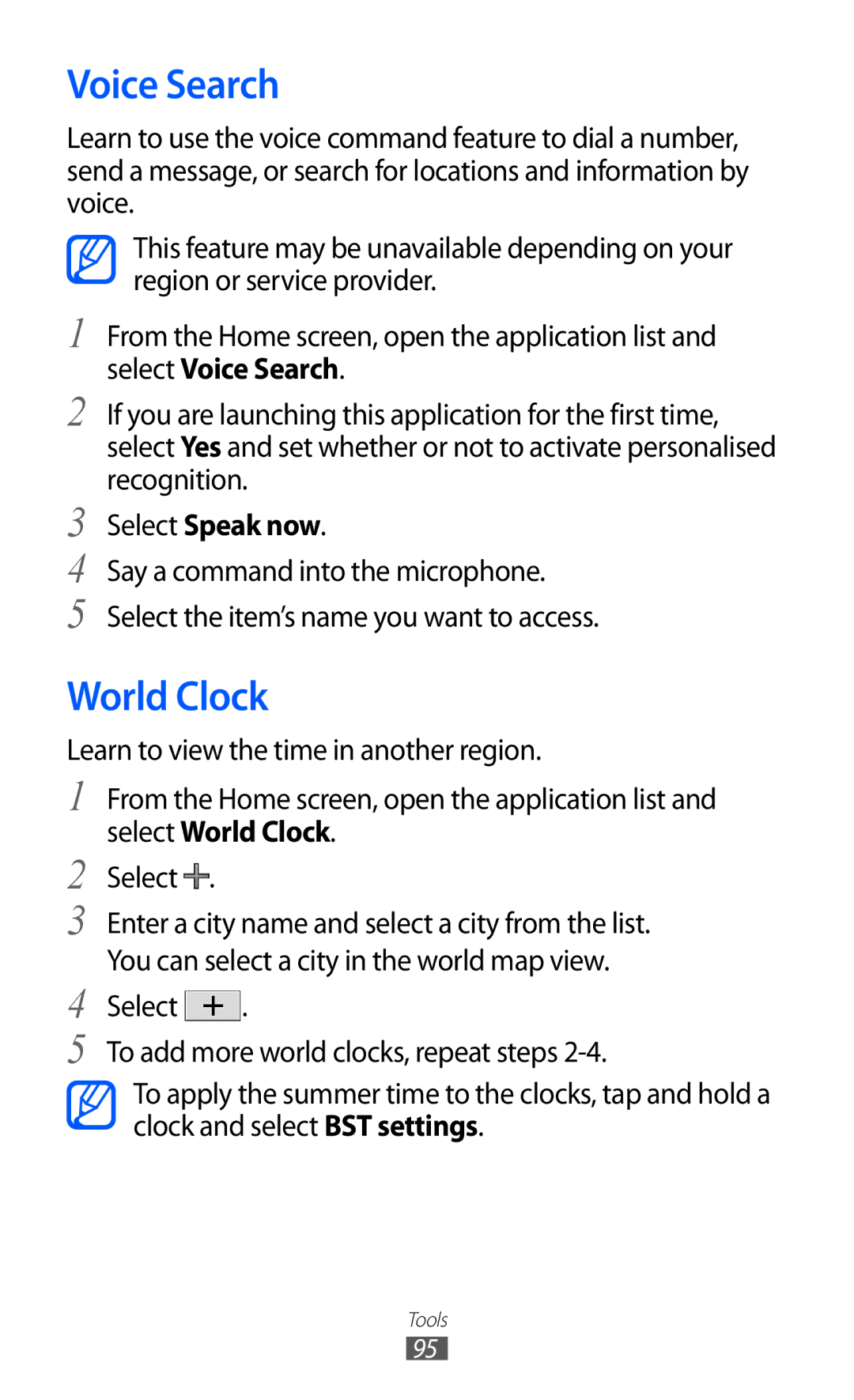 Samsung GT-P7500 user manual Voice Search, World Clock, Select Speak now 