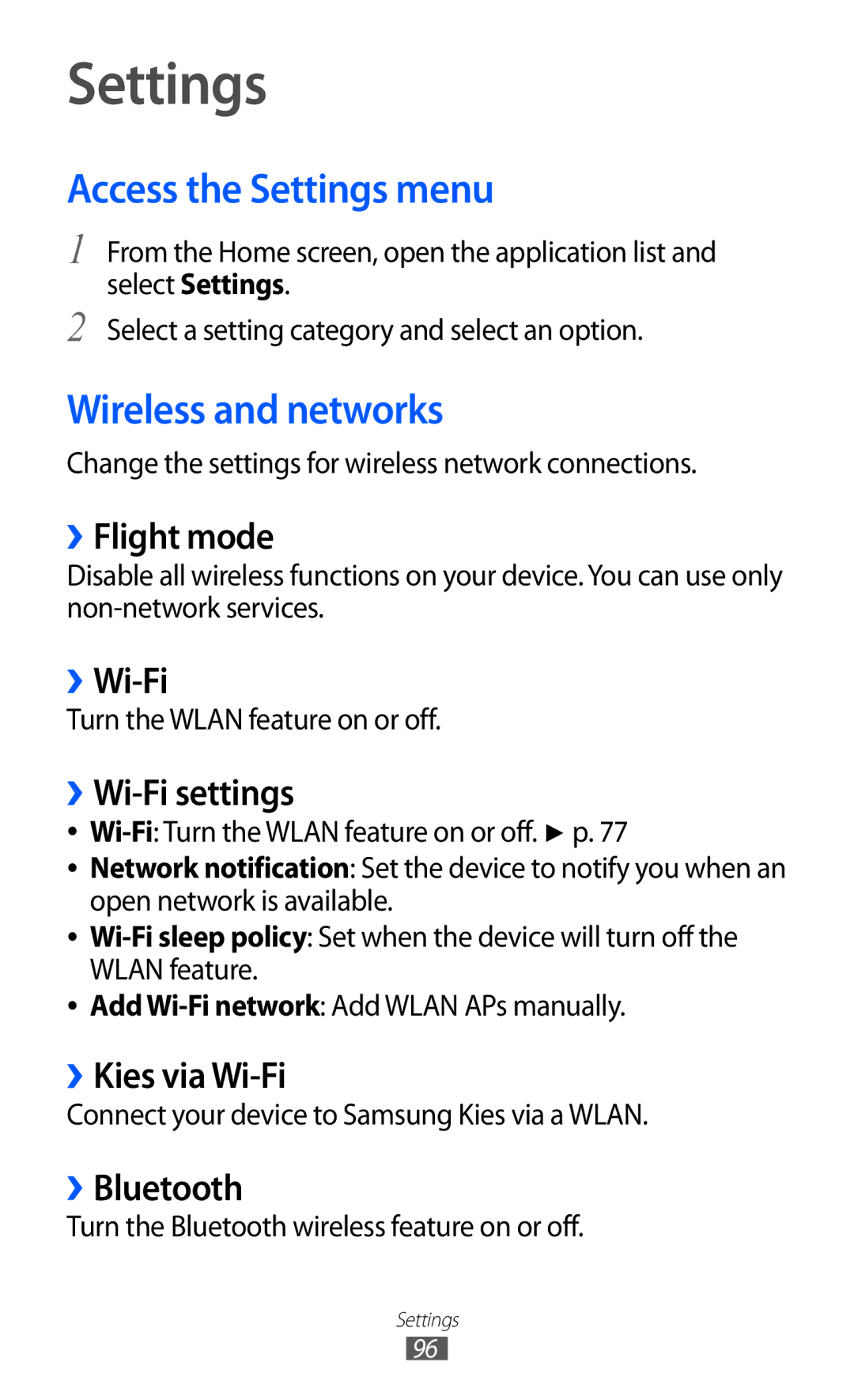 Samsung GT-P7500 user manual Access the Settings menu, Wireless and networks 