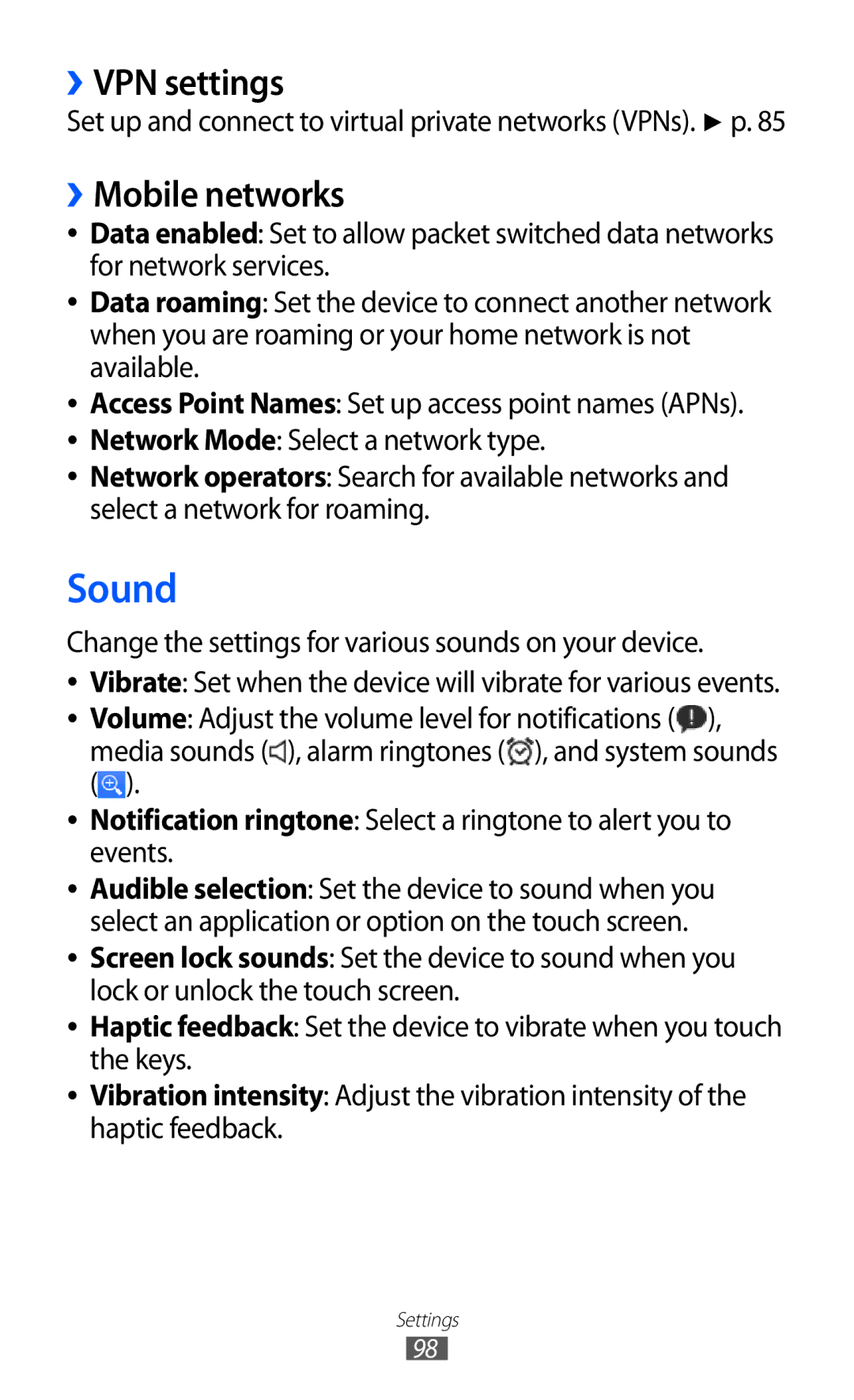 Samsung GT-P7500 user manual Sound, ››VPN settings, ››Mobile networks 