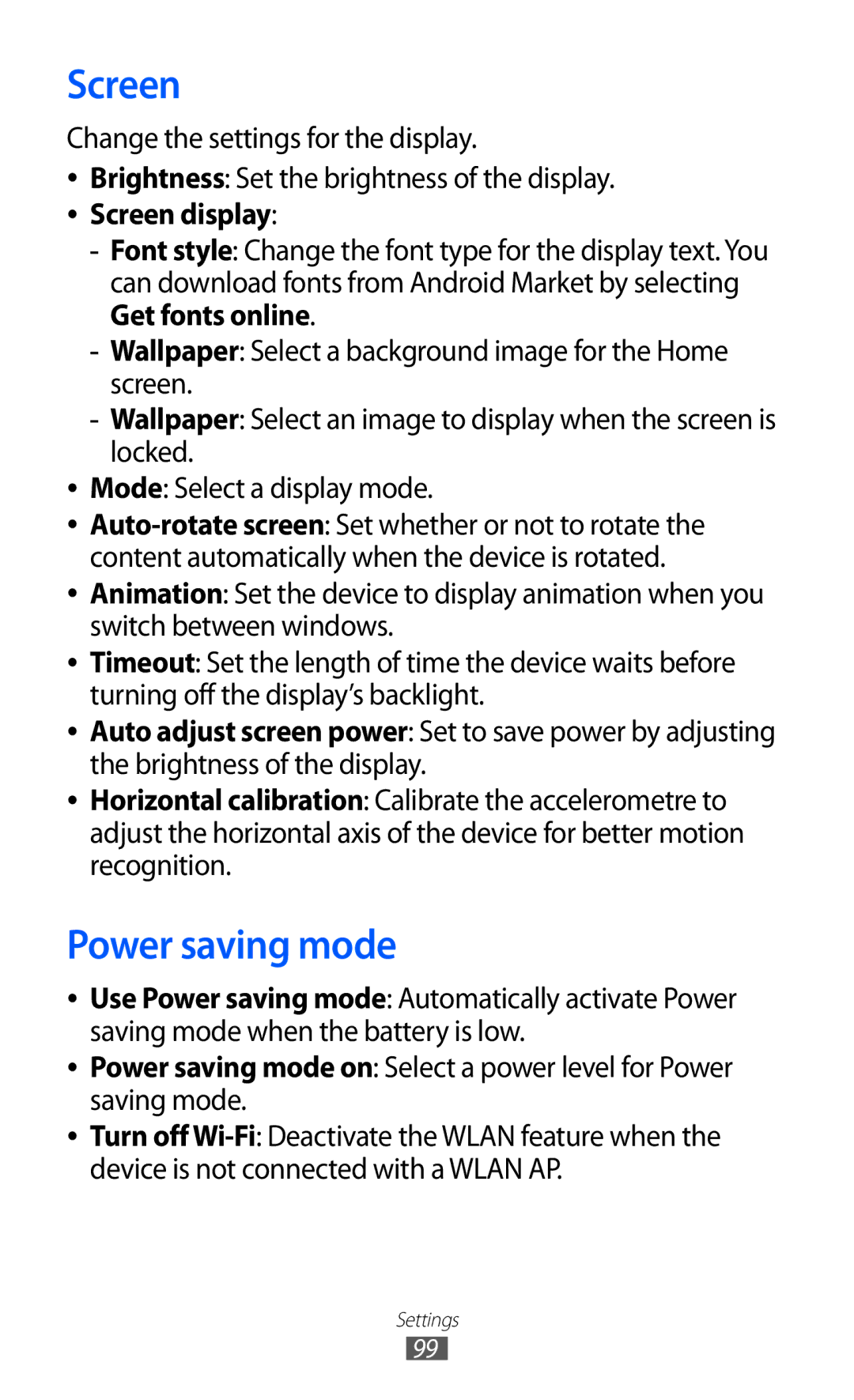 Samsung GT-P7500 user manual Screen, Power saving mode 