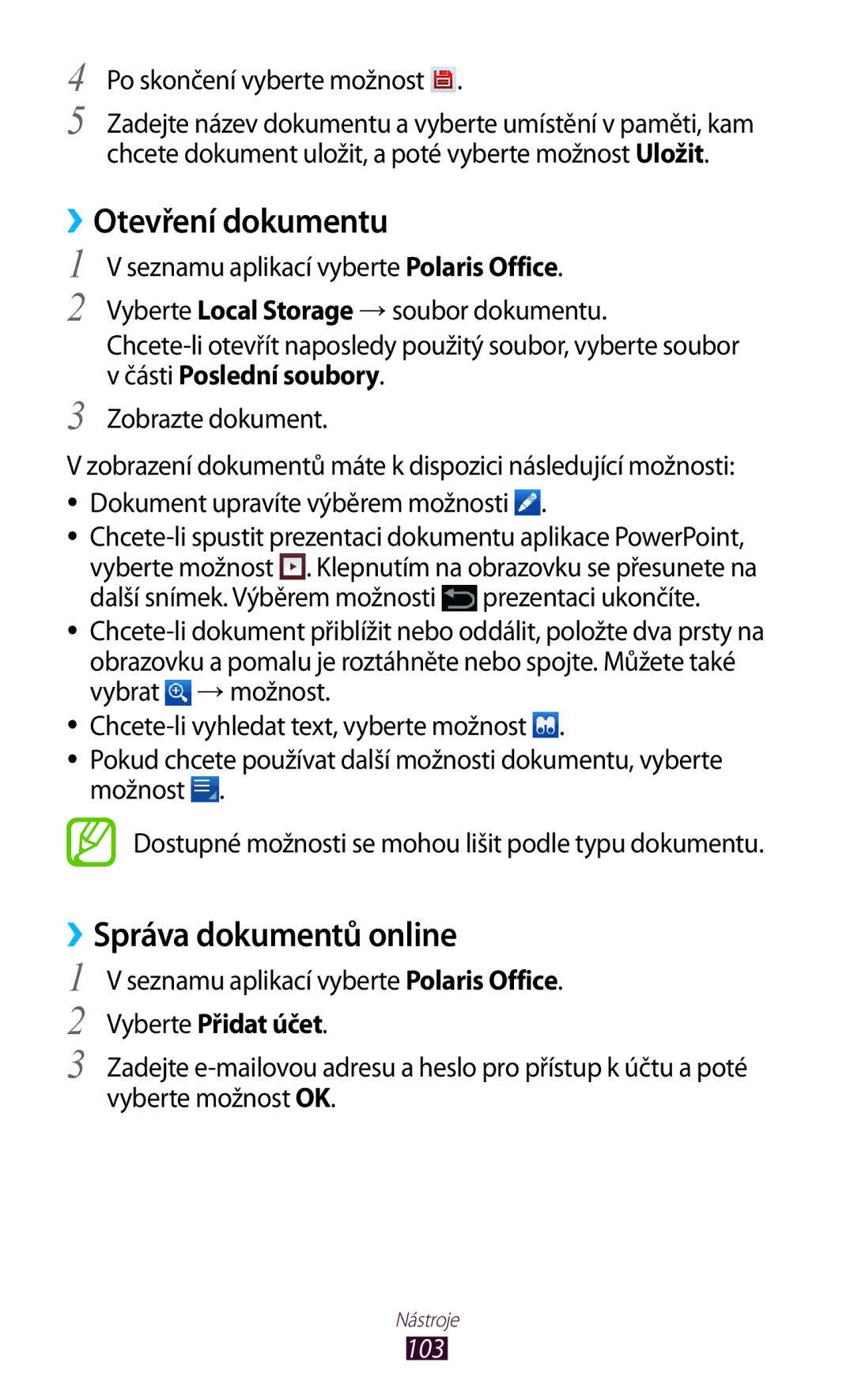 Samsung GT-P7500FKEORS manual ››Otevření dokumentu, ››Správa dokumentů online, Seznamu aplikací vyberte Polaris Office, 103 