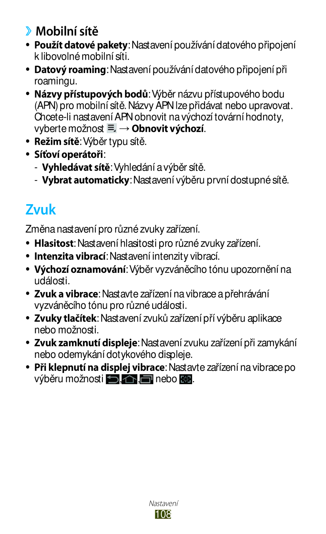 Samsung GT-P7500FKDCOA, GT-P7500FKAXEZ manual Zvuk, ››Mobilní sítě, Režim sítě Výběr typu sítě, Síťoví operátoři, 108 