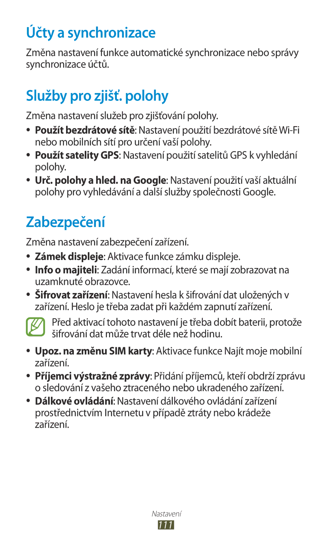 Samsung GT-P7500UWAXEZ, GT-P7500FKAXEZ, GT-P7500UWDXSK Účty a synchronizace, Služby pro zjišť. polohy, Zabezpečení, 111 