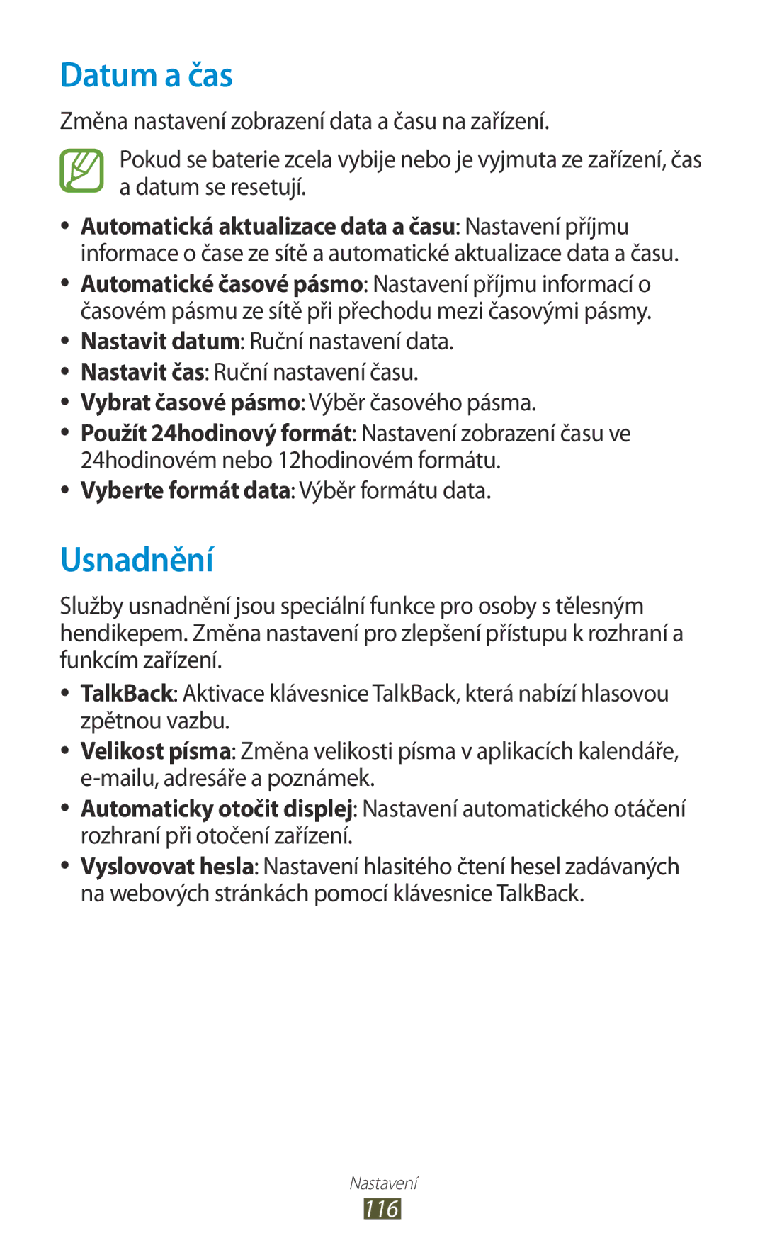 Samsung GT-P7500UWDXEZ, GT-P7500FKAXEZ, GT-P7500UWDXSK Datum a čas, Usnadnění, Vyberte formát data Výběr formátu data, 116 