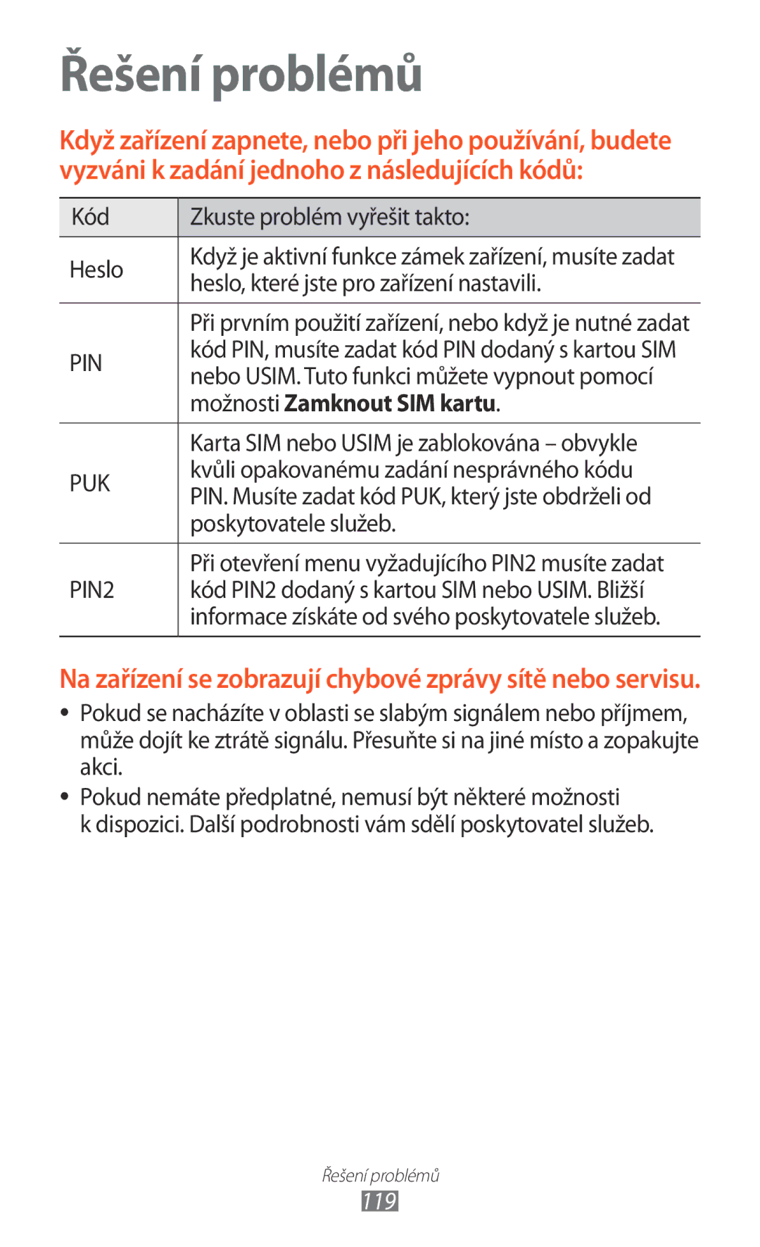 Samsung GT-P7500FKAVDC, GT-P7500FKAXEZ, GT-P7500UWDXSK, GT-P7500UWAO2C, GT-P7500UWEXEZ manual Možnosti Zamknout SIM kartu, 119 