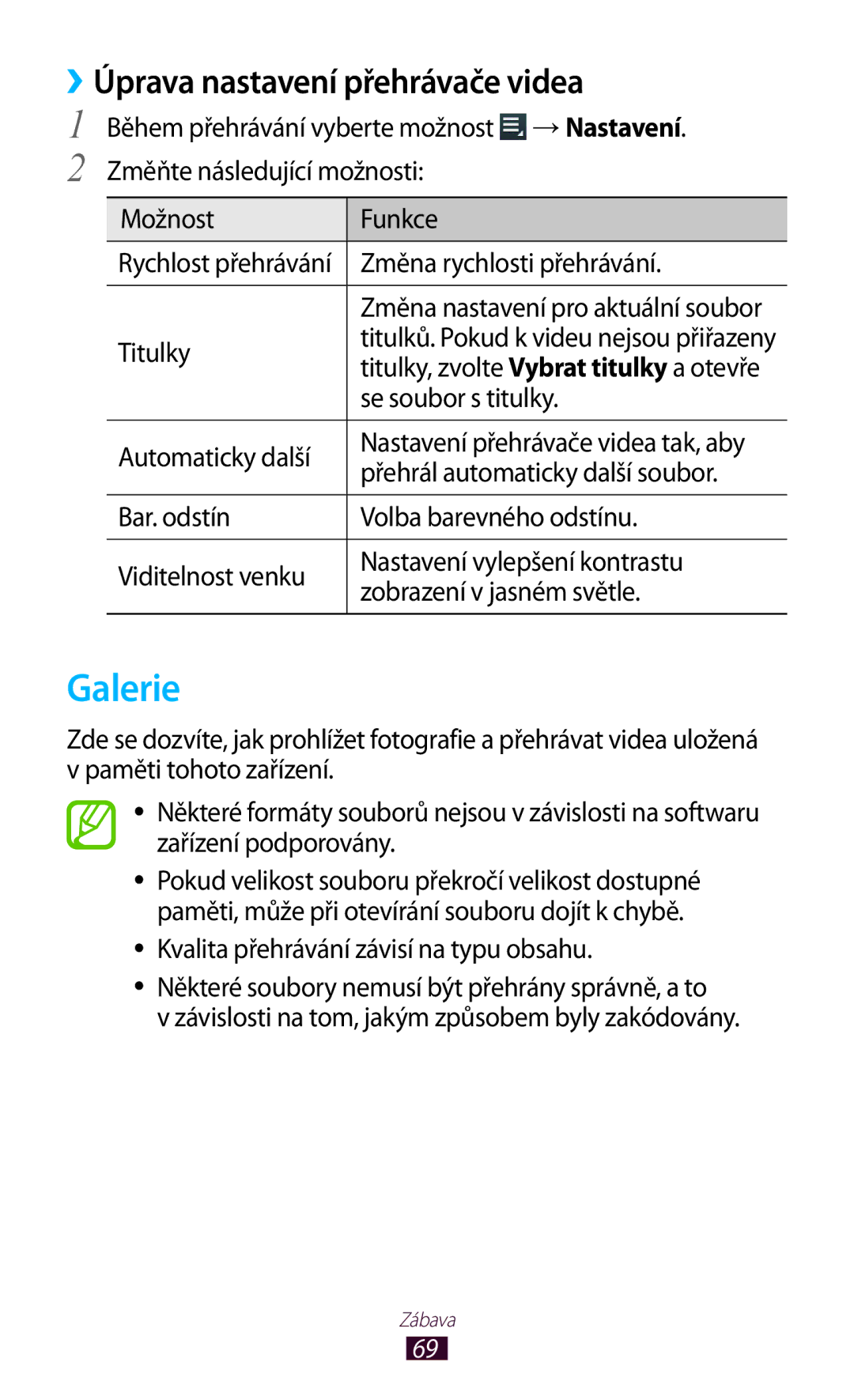 Samsung GT-P7500UWAXEZ, GT-P7500FKAXEZ, GT-P7500UWDXSK, GT-P7500UWAO2C manual Galerie, ››Úprava nastavení přehrávače videa 