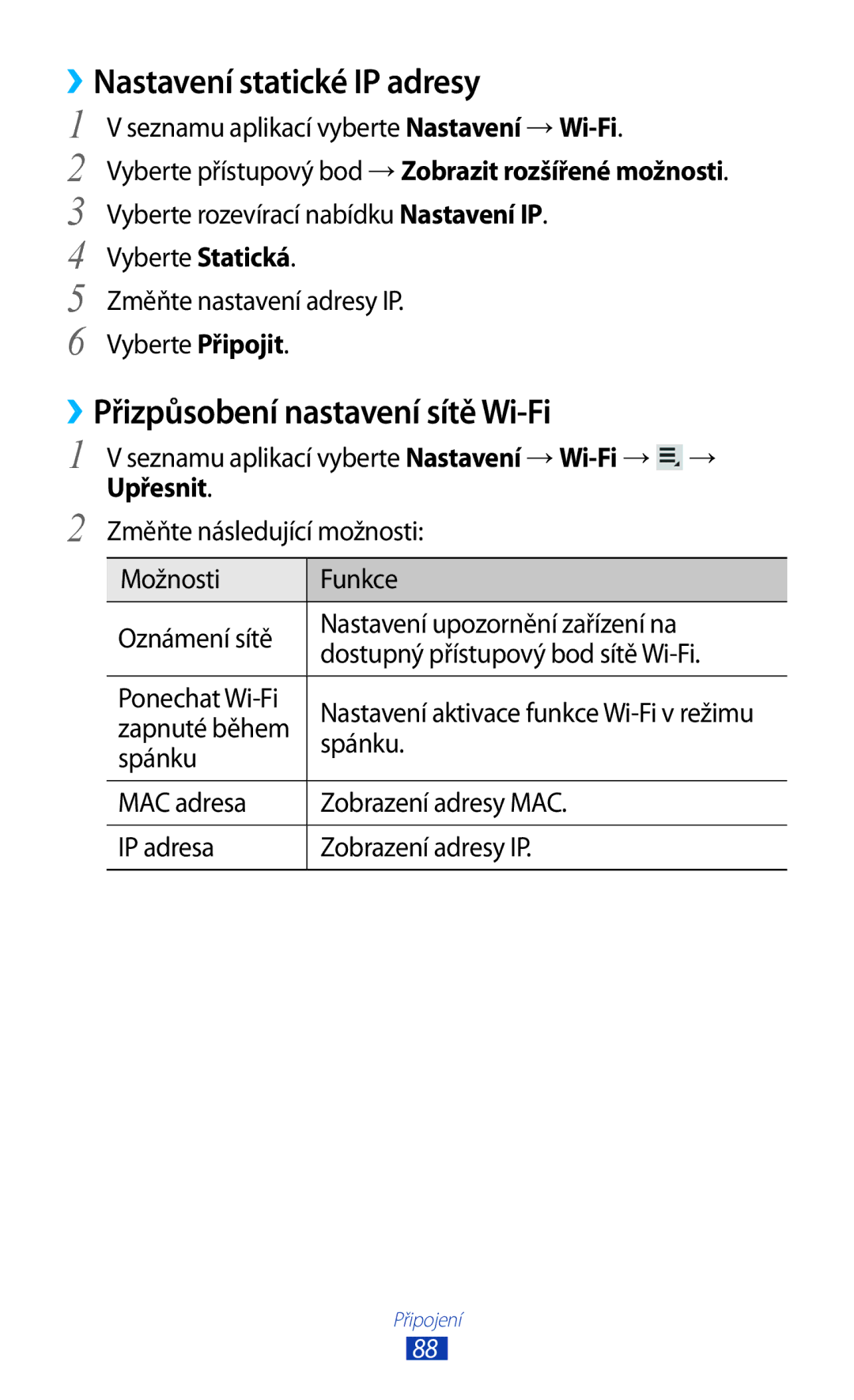 Samsung GT-P7500UWDXEZ manual ››Nastavení statické IP adresy, ››Přizpůsobení nastavení sítě Wi-Fi, Zapnuté během, Spánku 