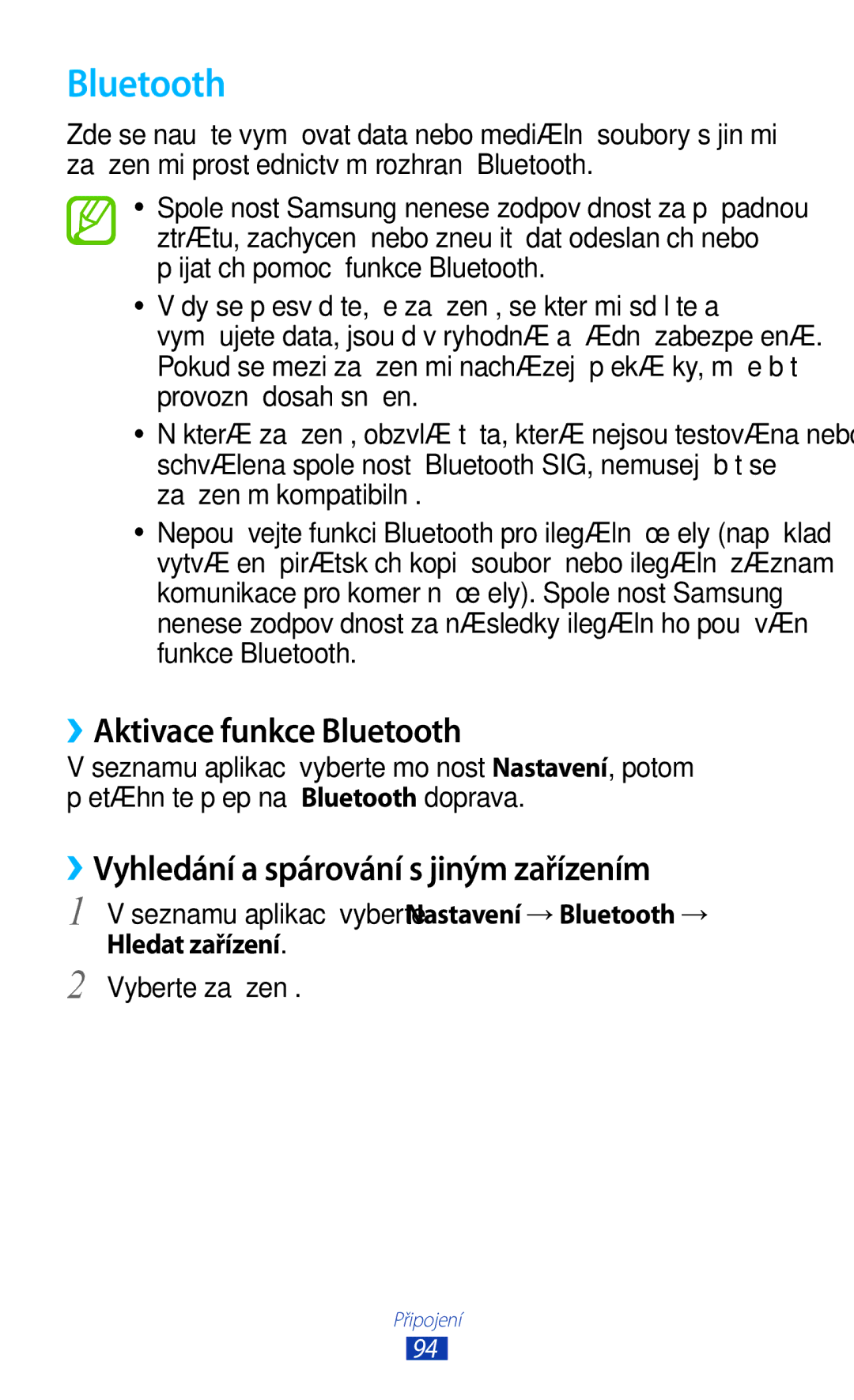 Samsung GT-P7500FKDCOA manual ››Aktivace funkce Bluetooth, ››Vyhledání a spárování s jiným zařízením, Hledat zařízení 