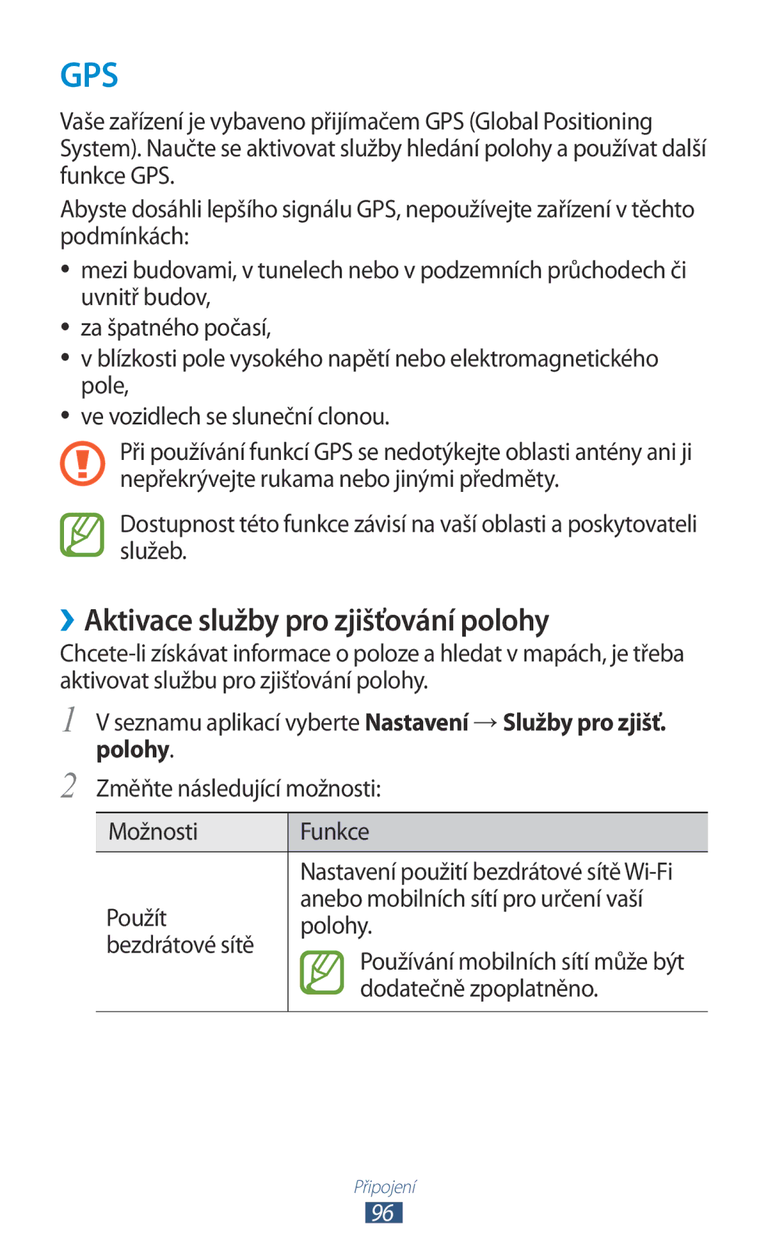 Samsung GT-P7500FKDORS, GT-P7500FKAXEZ, GT-P7500UWDXSK manual ››Aktivace služby pro zjišťování polohy, Dodatečně zpoplatněno 