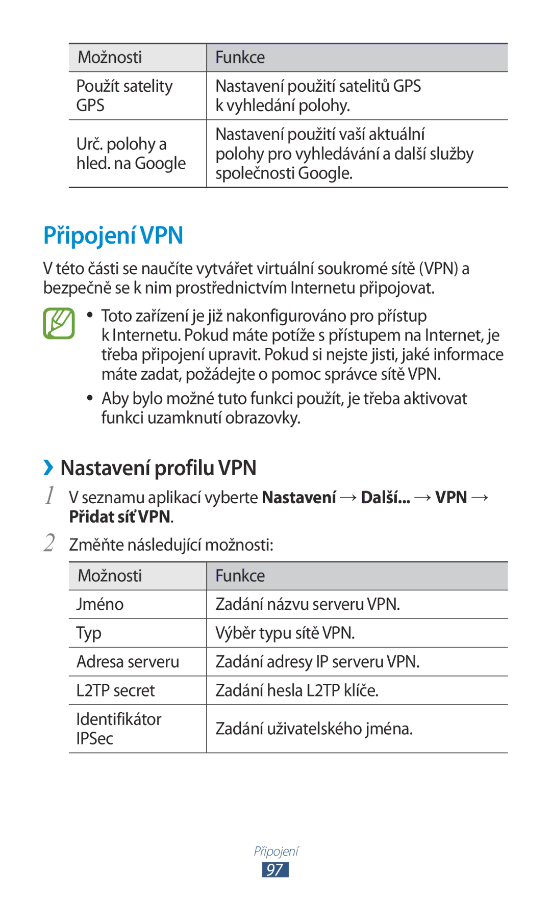 Samsung GT-P7500UWAXEZ, GT-P7500FKAXEZ, GT-P7500UWDXSK manual Připojení VPN, ››Nastavení profilu VPN, Přidat síť VPN 