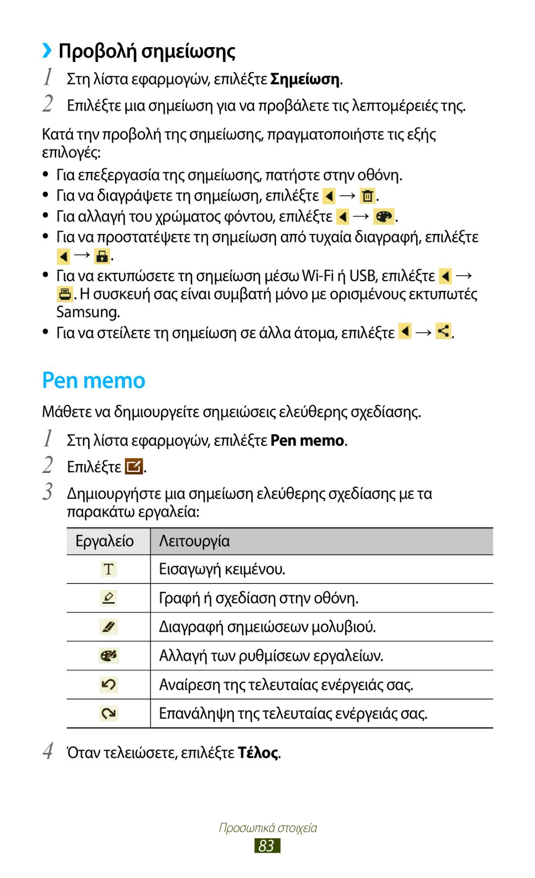 Samsung GT-P7500UWDVGR, GT-P7500FKDCYV, GT-P7500FKDCOS, GT-P7500UWDCOS, GT-P7500FKDCYO manual Pen memo, ››Προβολή σημείωσης 