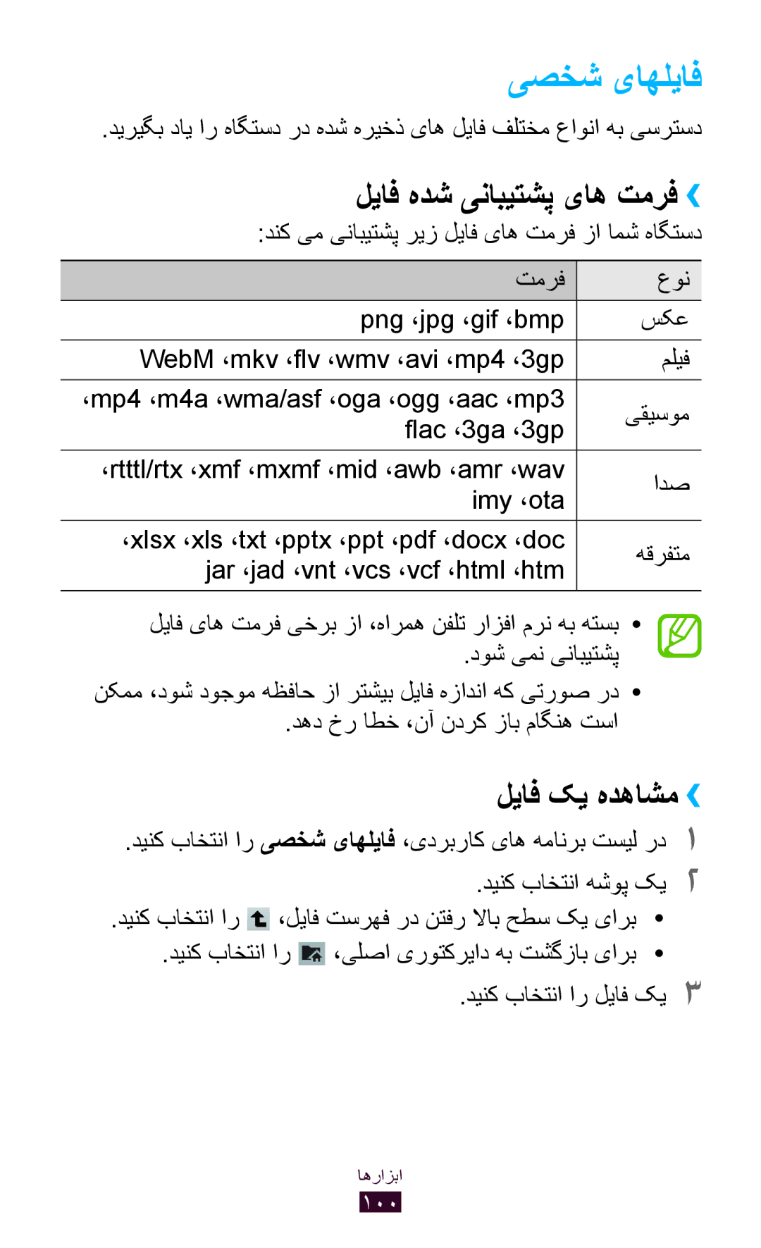 Samsung GT-P7500FKDXSG, GT-P7500FKDECT, GT-P7500UWDSKZ manual یصخش یاهلياف, لیاف هدش ینابیتشپ یاه تمرف››, لیاف کی هدهاشم›› 