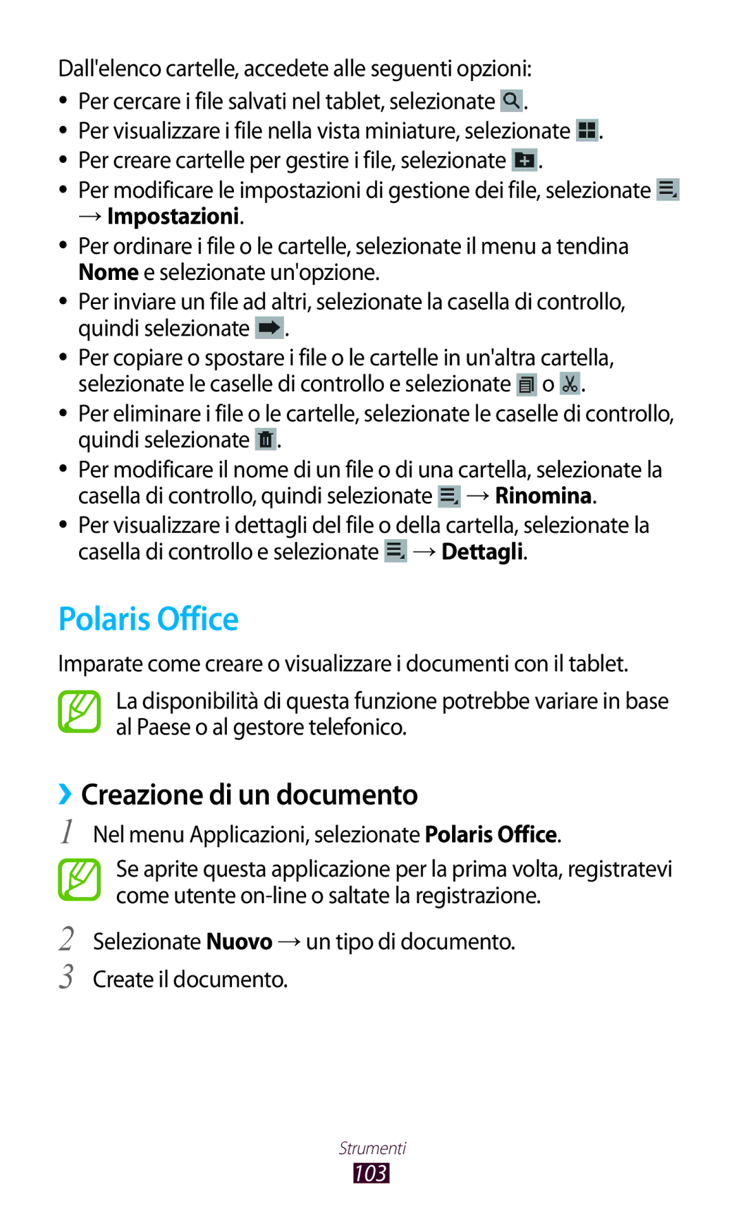 Samsung GT-P7500UWDITV manual ››Creazione di un documento, Nel menu Applicazioni, selezionate Polaris Office, 103 