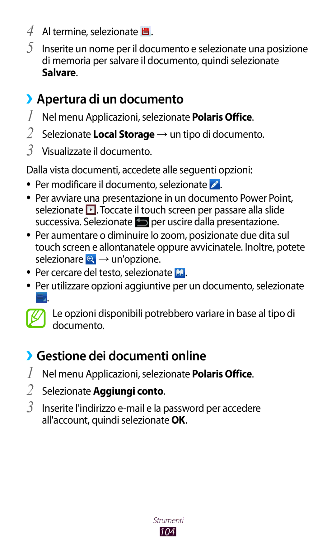 Samsung GT-P7500FKDOMN manual ››Apertura di un documento, ››Gestione dei documenti online, Selezionate Aggiungi conto, 104 