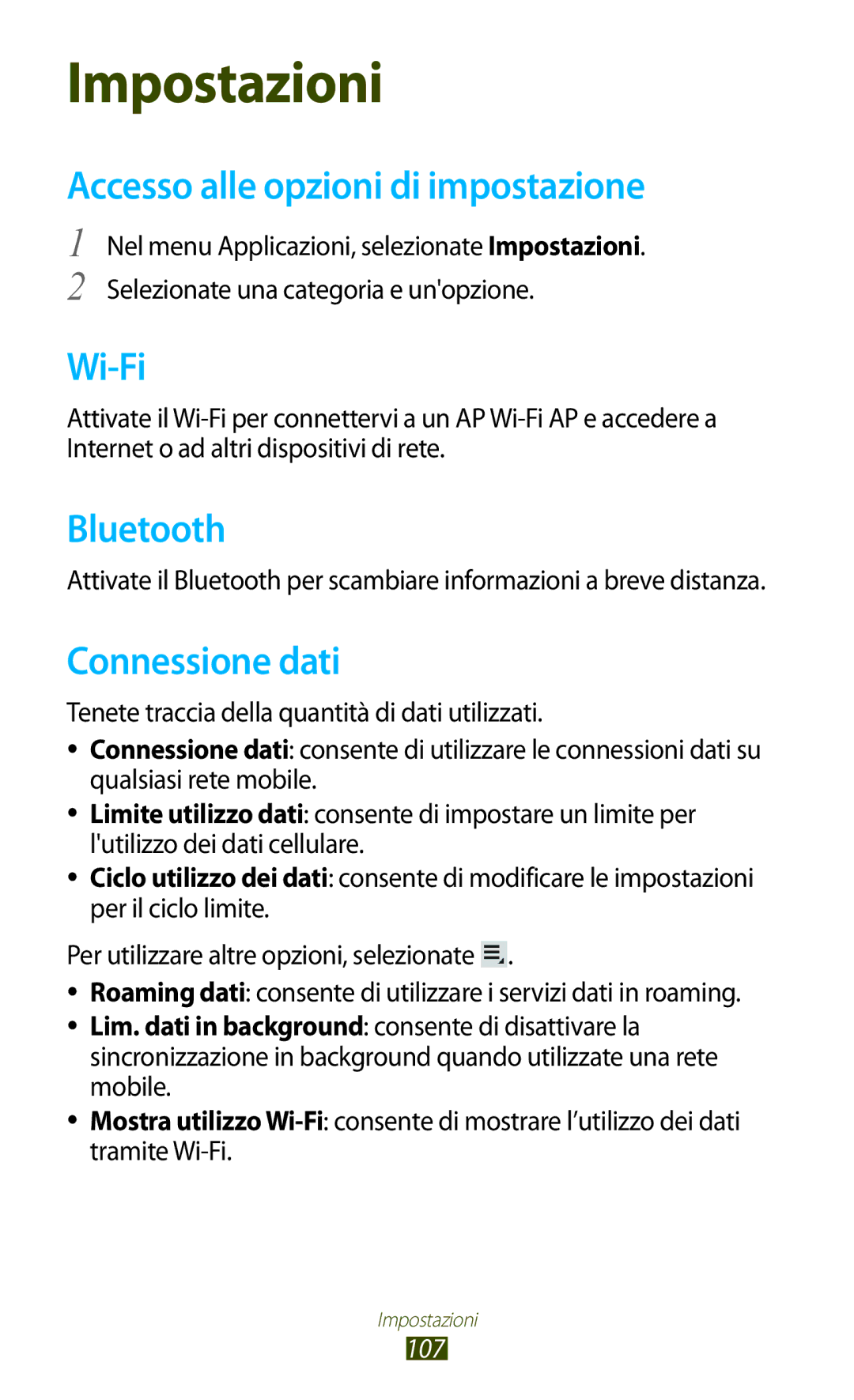 Samsung GT-P7500UWDWIN, GT-P7500FKDOMN, GT-P7500UWDHUI manual Accesso alle opzioni di impostazione, Connessione dati, 107 