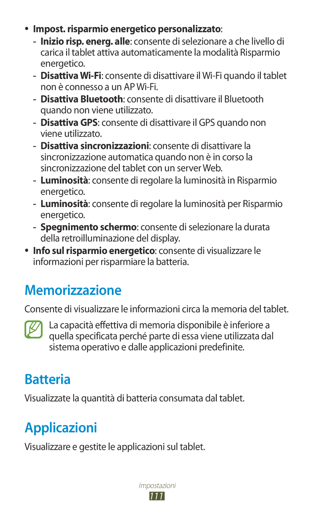 Samsung GT-P7500UWDITV manual Memorizzazione, Batteria, Applicazioni, Impost. risparmio energetico personalizzato, 111 