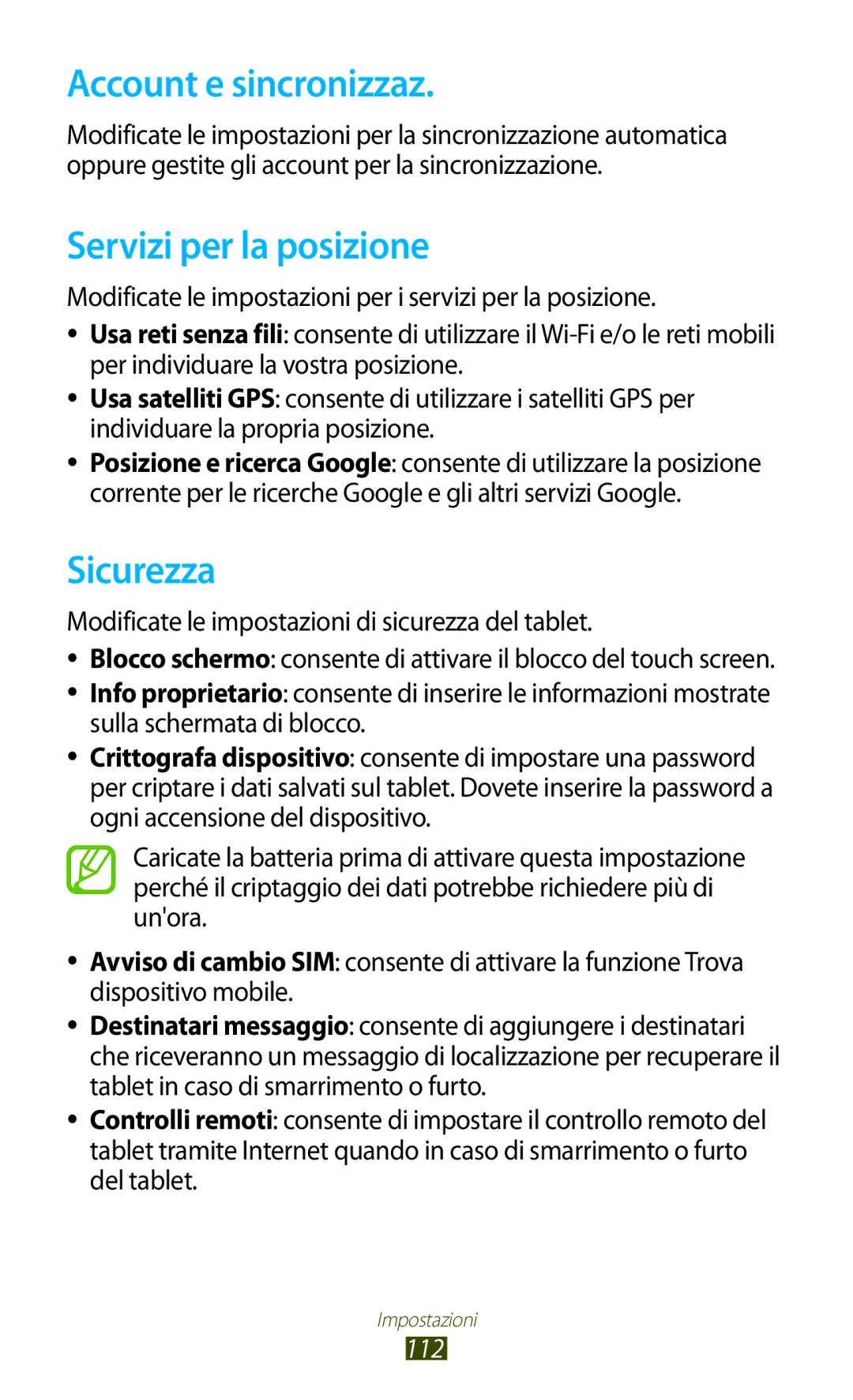 Samsung GT-P7500FKDOMN, GT-P7500UWDHUI, GT-P7500FKDITV Account e sincronizzaz, Servizi per la posizione, Sicurezza, 112 