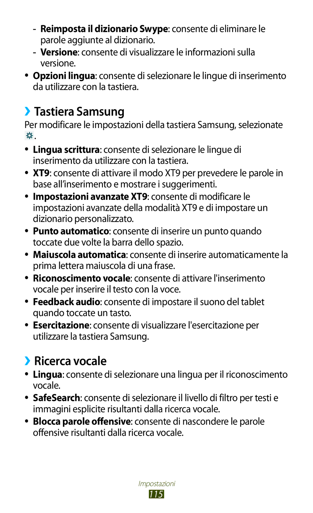 Samsung GT-P7500UWDWIN, GT-P7500FKDOMN, GT-P7500UWDHUI, GT-P7500FKDITV manual ››Tastiera Samsung, ››Ricerca vocale, 115 