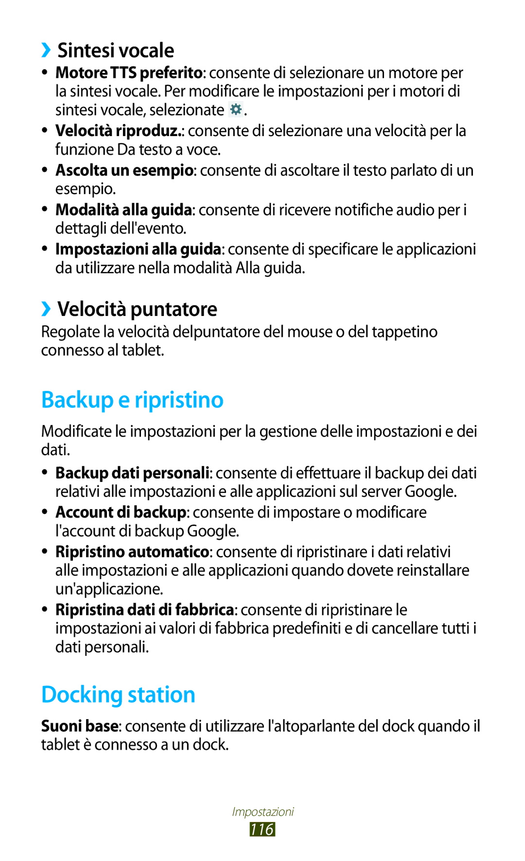 Samsung GT-P7500UWDOMN, GT-P7500FKDOMN Backup e ripristino, Docking station, ››Sintesi vocale, ››Velocità puntatore, 116 