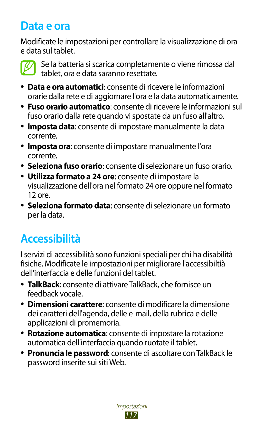 Samsung GT-P7500UWDFWB Data e ora, Accessibilità, Imposta ora consente di impostare manualmente lora corrente, 117 