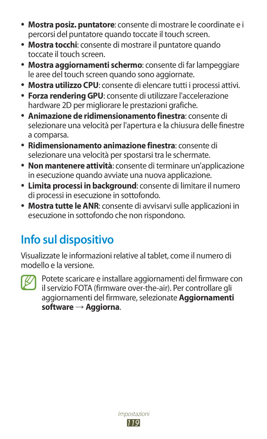 Samsung GT-P7500UWDITV, GT-P7500FKDOMN, GT-P7500UWDHUI, GT-P7500FKDITV manual Info sul dispositivo, Software → Aggiorna, 119 