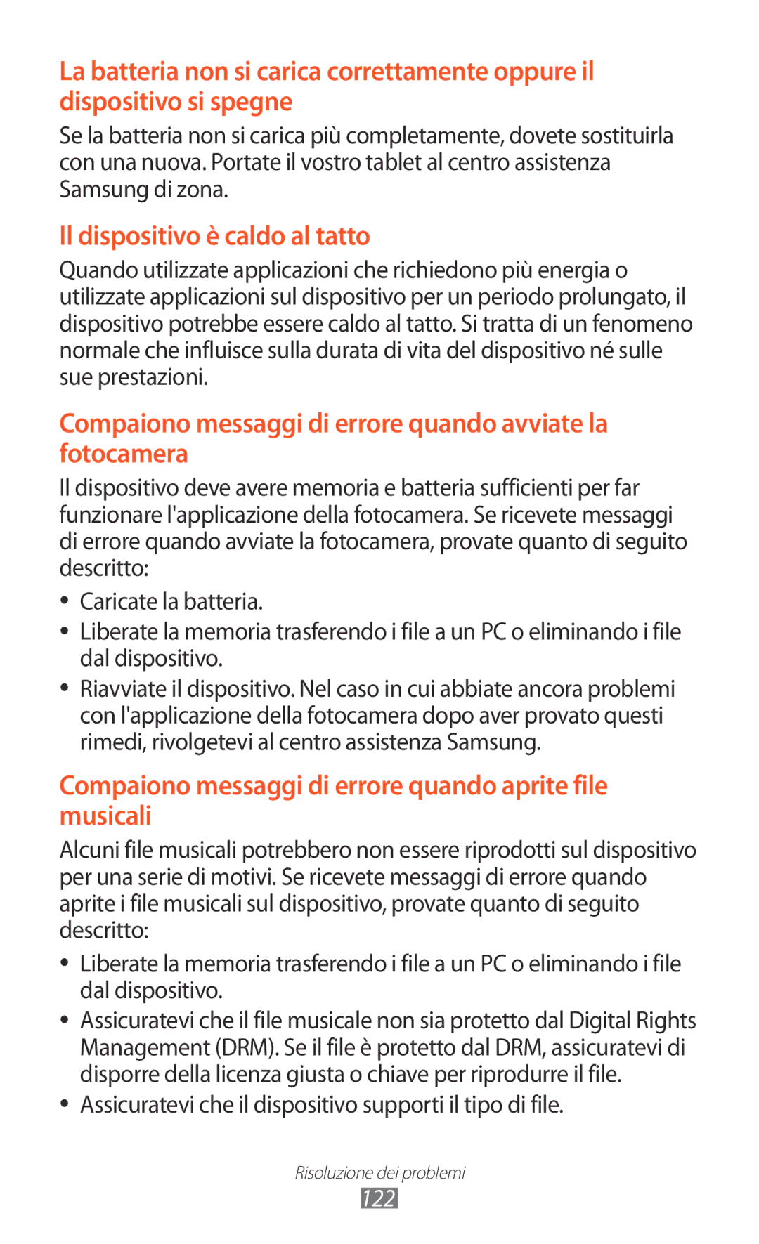 Samsung GT-P7500FKDITV, GT-P7500FKDOMN, GT-P7500UWDHUI manual Assicuratevi che il dispositivo supporti il tipo di file, 122 