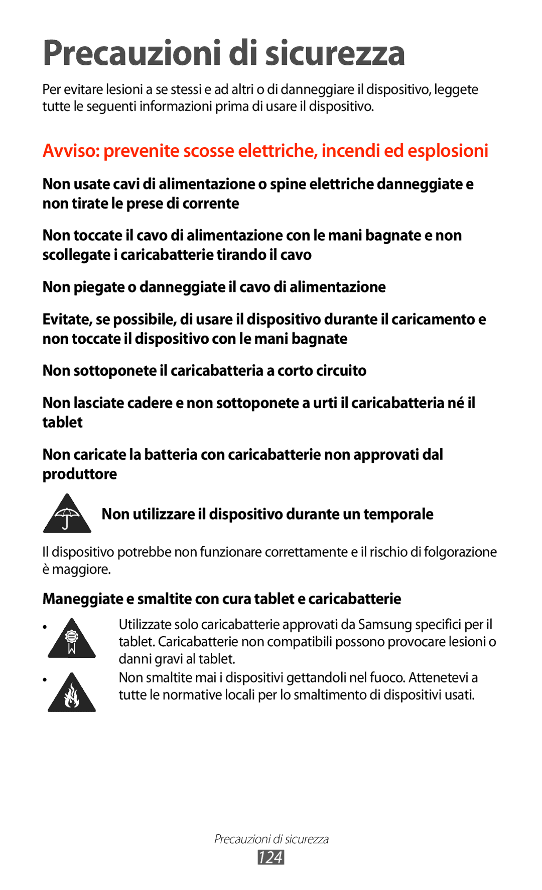 Samsung GT-P7500UWDOMN, GT-P7500FKDOMN, GT-P7500UWDHUI, GT-P7500FKDITV, GT-P7500UWDWIN manual Precauzioni di sicurezza, 124 