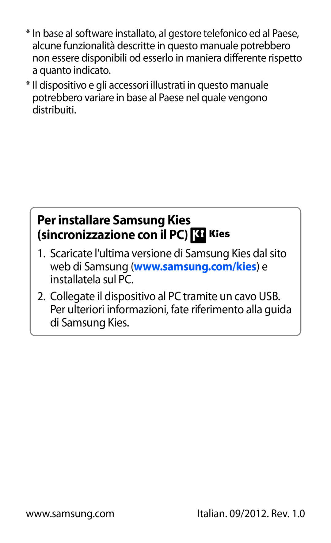 Samsung GT-P7500UWDWIN, GT-P7500FKDOMN, GT-P7500UWDHUI manual Per installare Samsung Kies sincronizzazione con il PC 