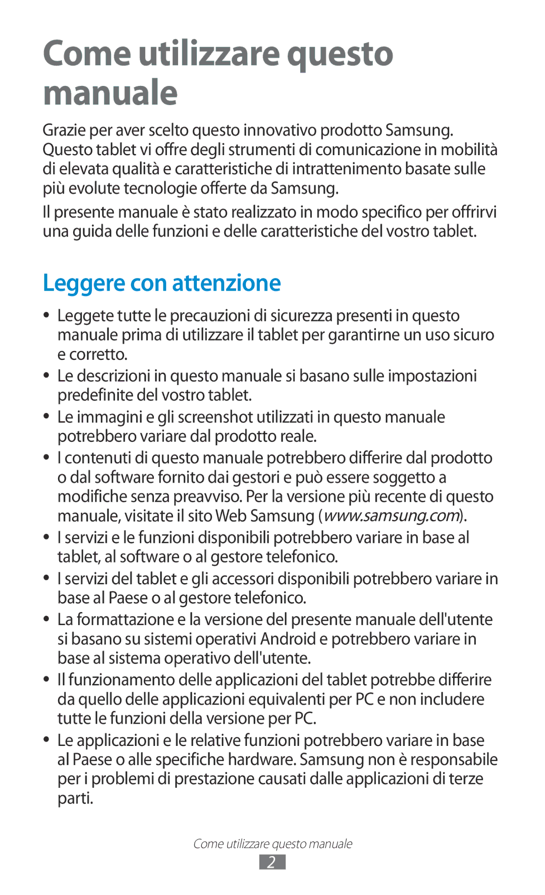 Samsung GT-P7500FKDITV, GT-P7500FKDOMN, GT-P7500UWDHUI Come utilizzare questo manuale, Leggere con attenzione 