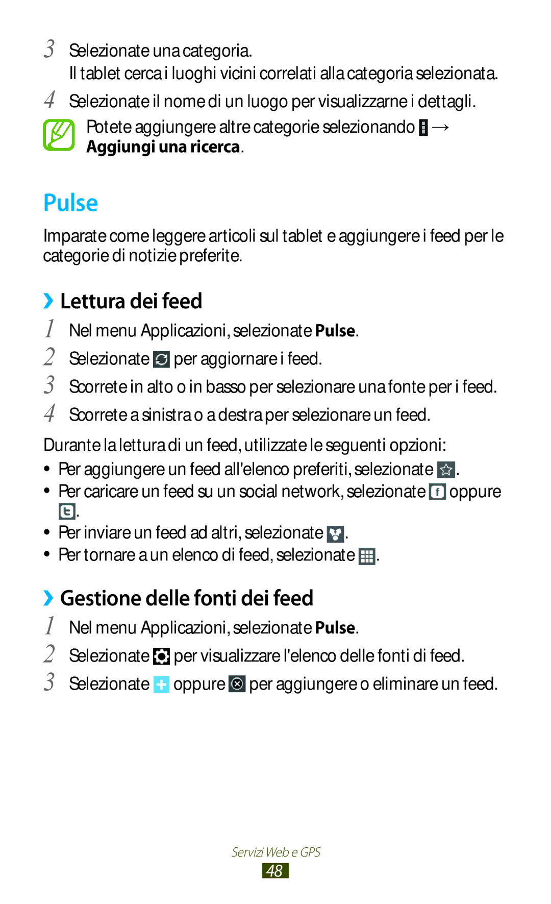Samsung GT-P7500FKDOMN manual Pulse, ››Lettura dei feed, ››Gestione delle fonti dei feed, Selezionate una categoria 
